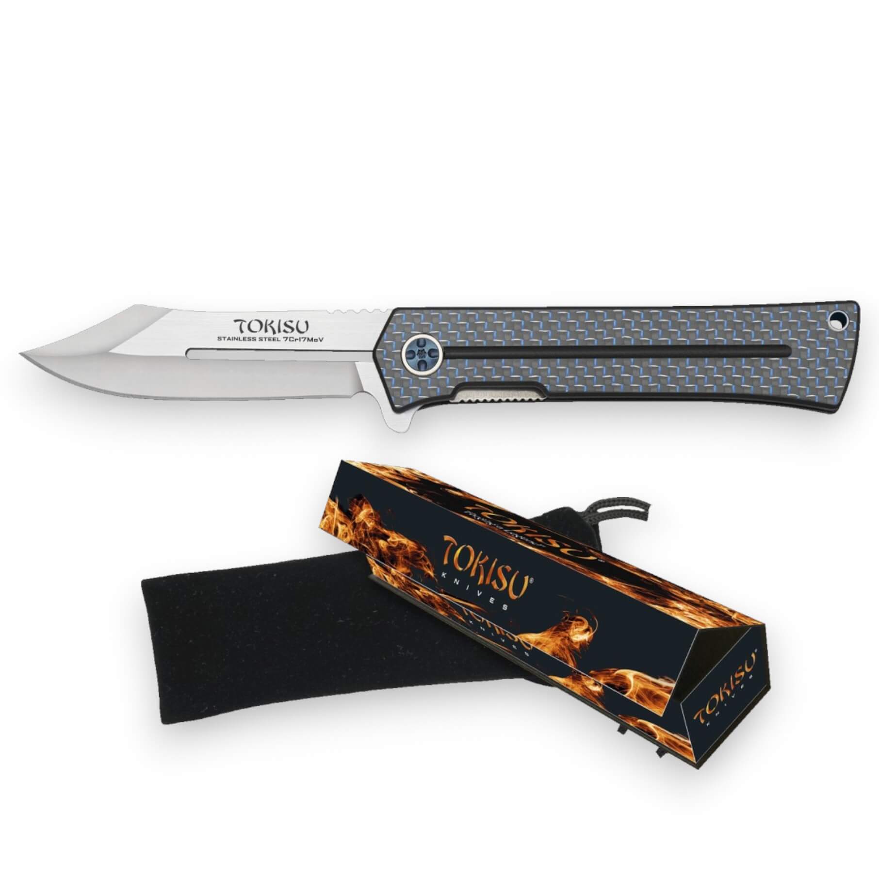 Navaja Tokisu con hoja de 8.8 cm de acero inox y mango de fibra de carbono azul y G10 negro