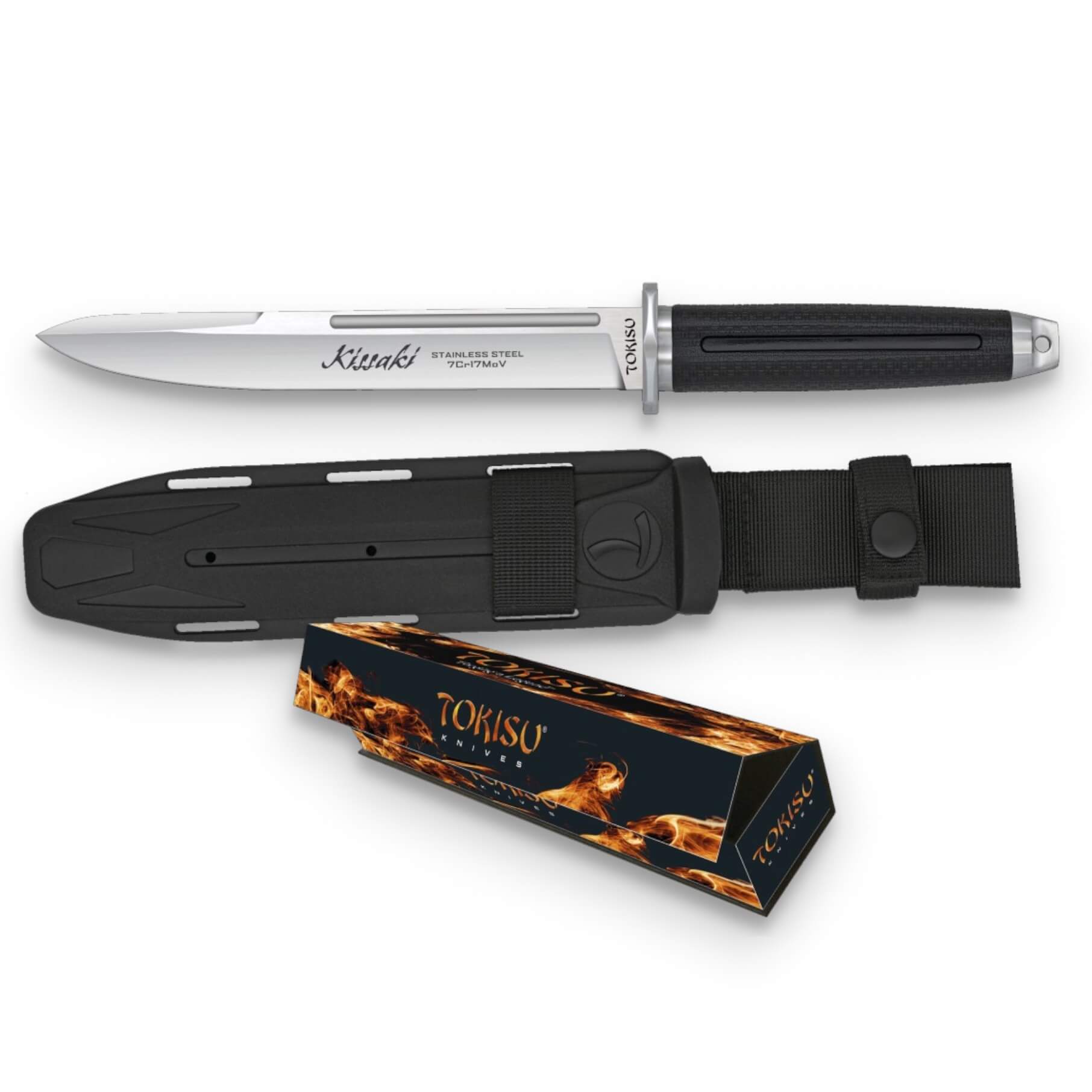 Cuchillo Tokisu con hoja recta de 19.4 cm de acero inox y mango de goma negra