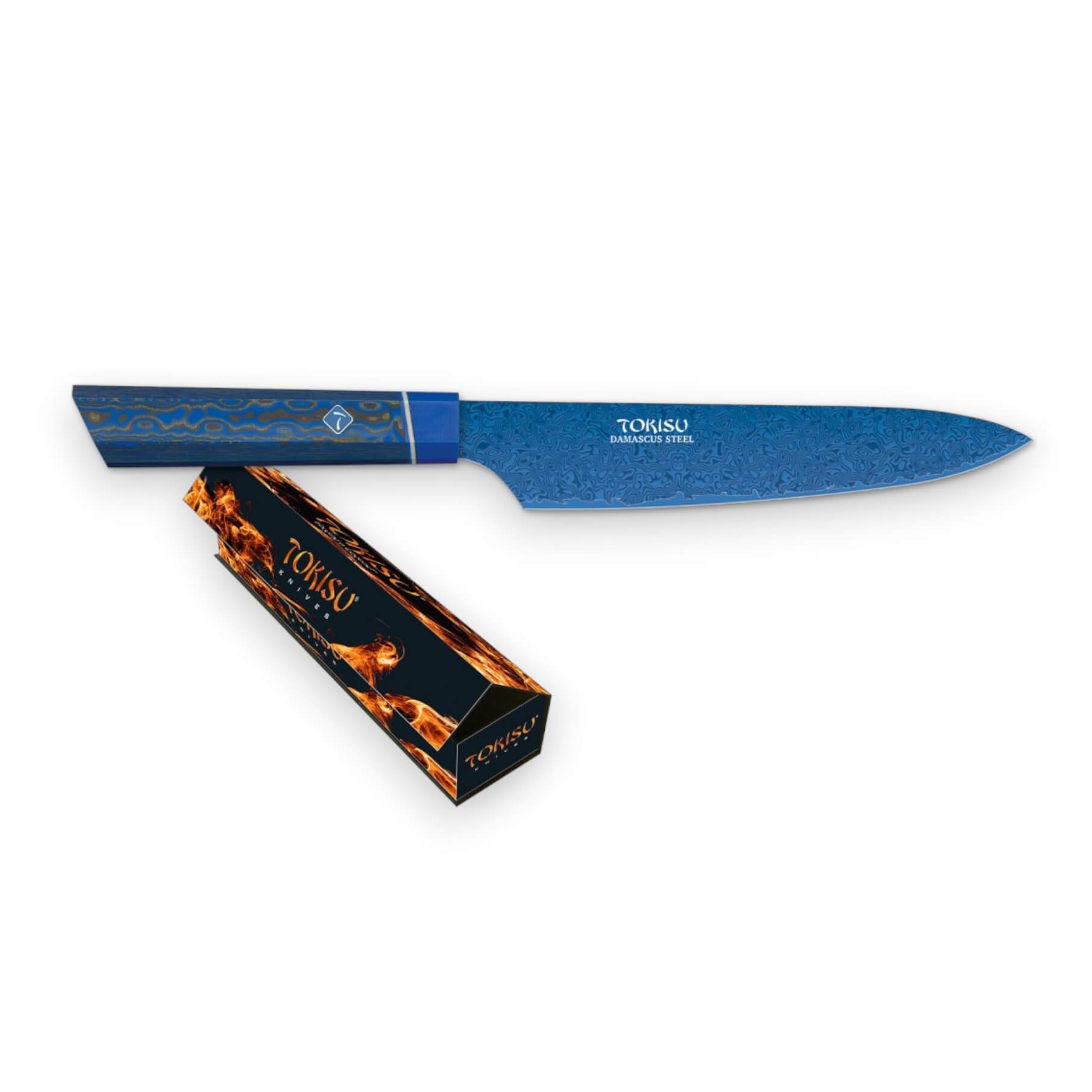 Cuchillo de cocina estilo japonés Tokisu con hoja de damasco azul de 19.5 cm