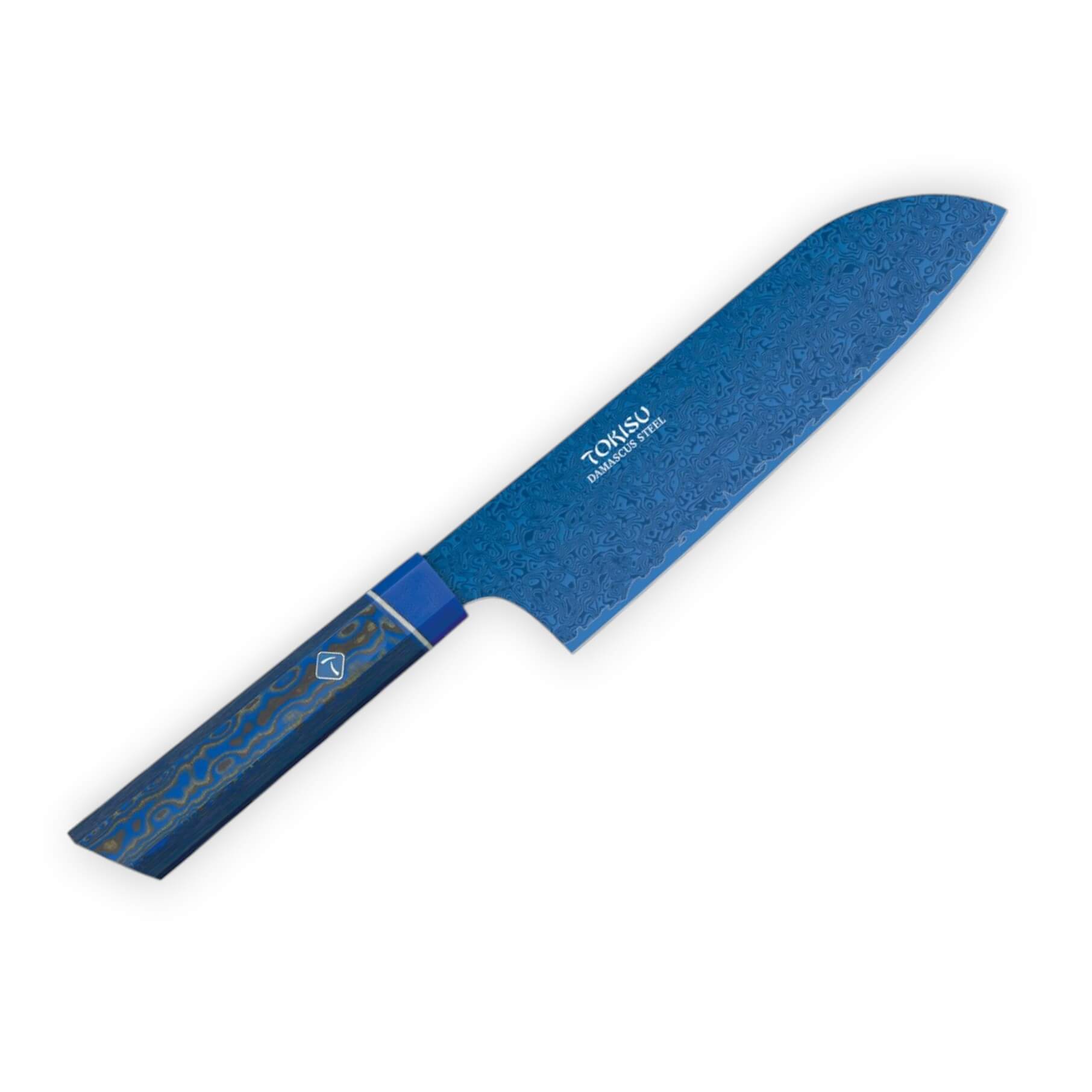 Cuchillo Santoku estilo japonés Tokisu con hoja de damasco azul d...