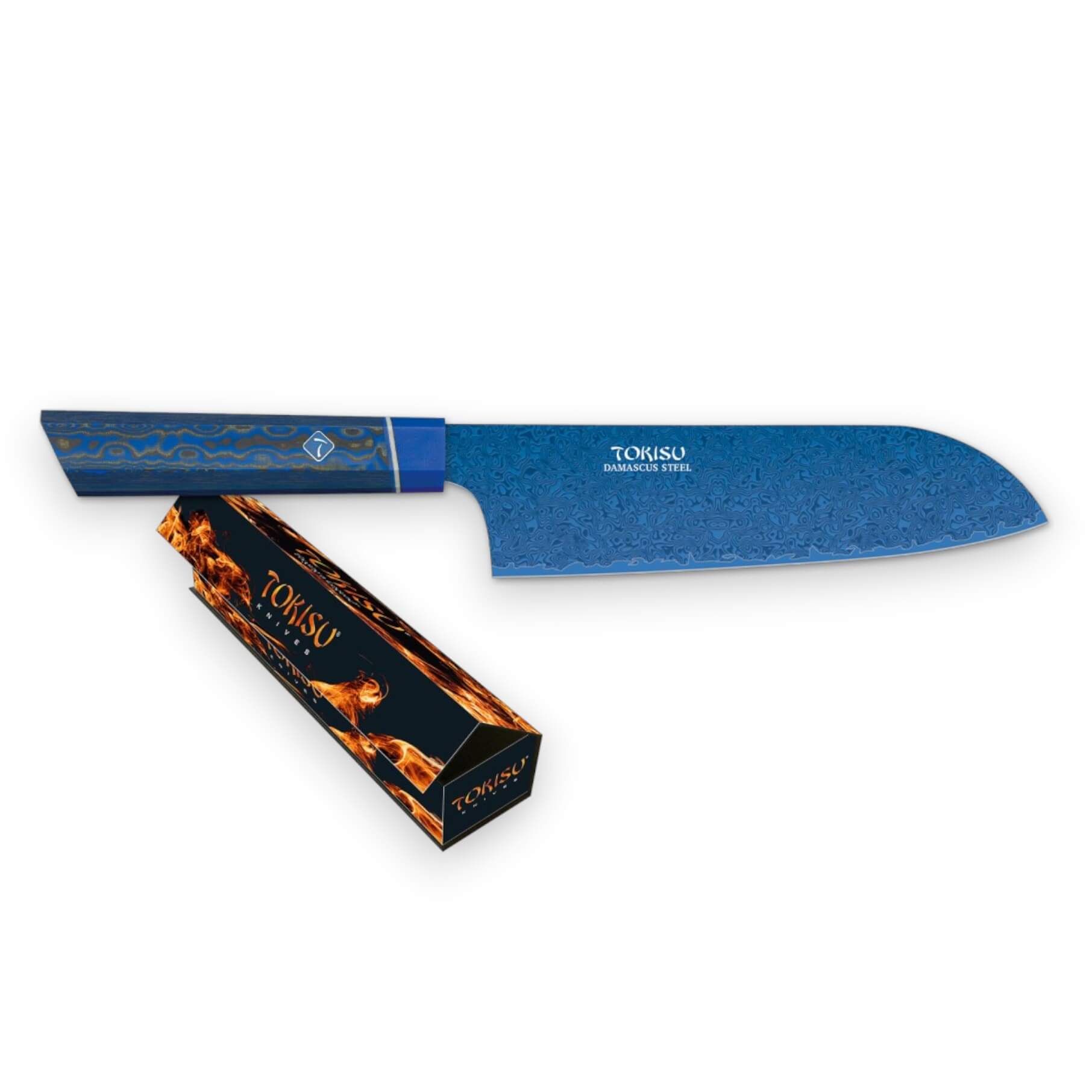 Cuchillo Santoku estilo japonés Tokisu con hoja de damasco azul de 19.5 cm