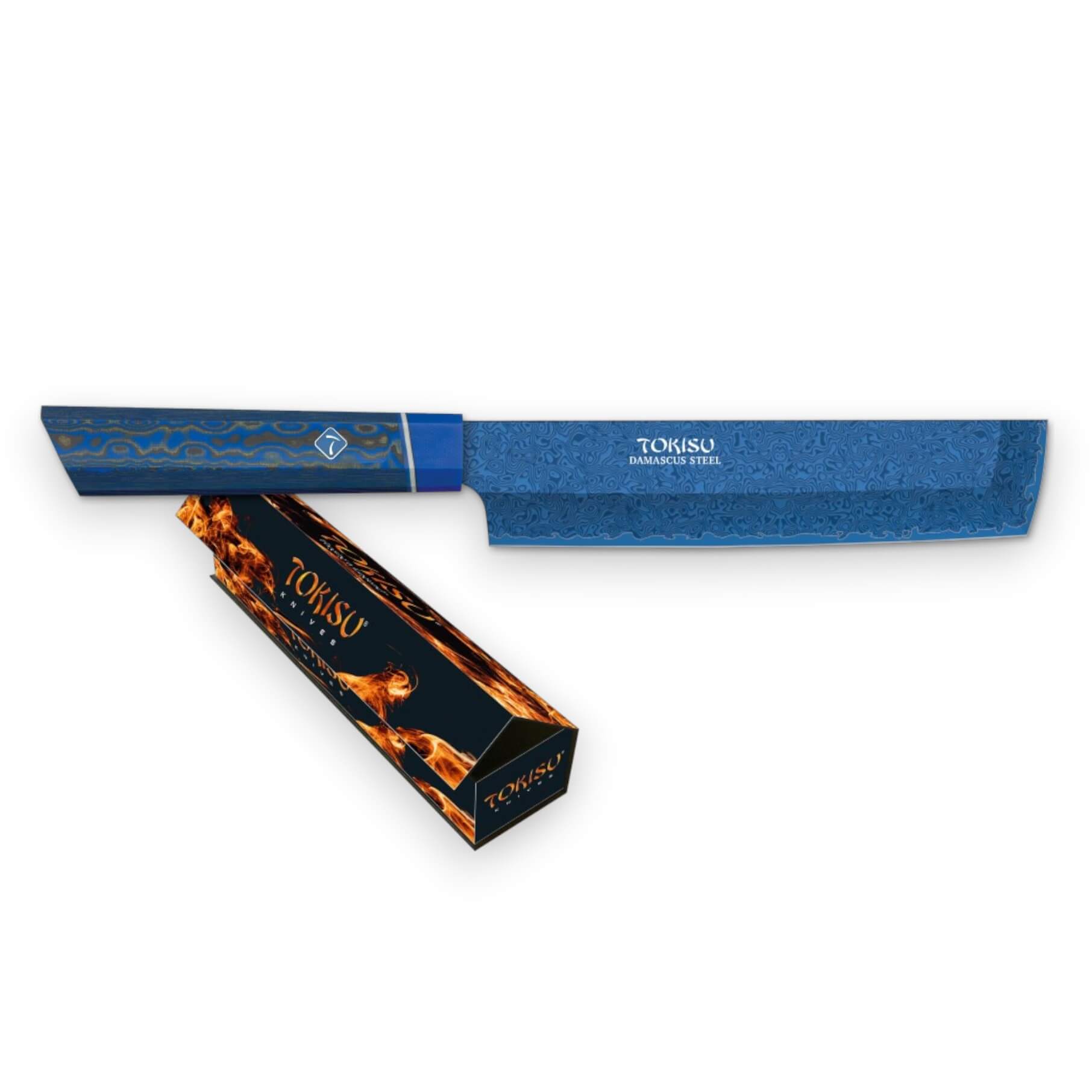 Cuchillo Nakiri estilo japonés Tokisu con hoja de damasco azul de 18 cm