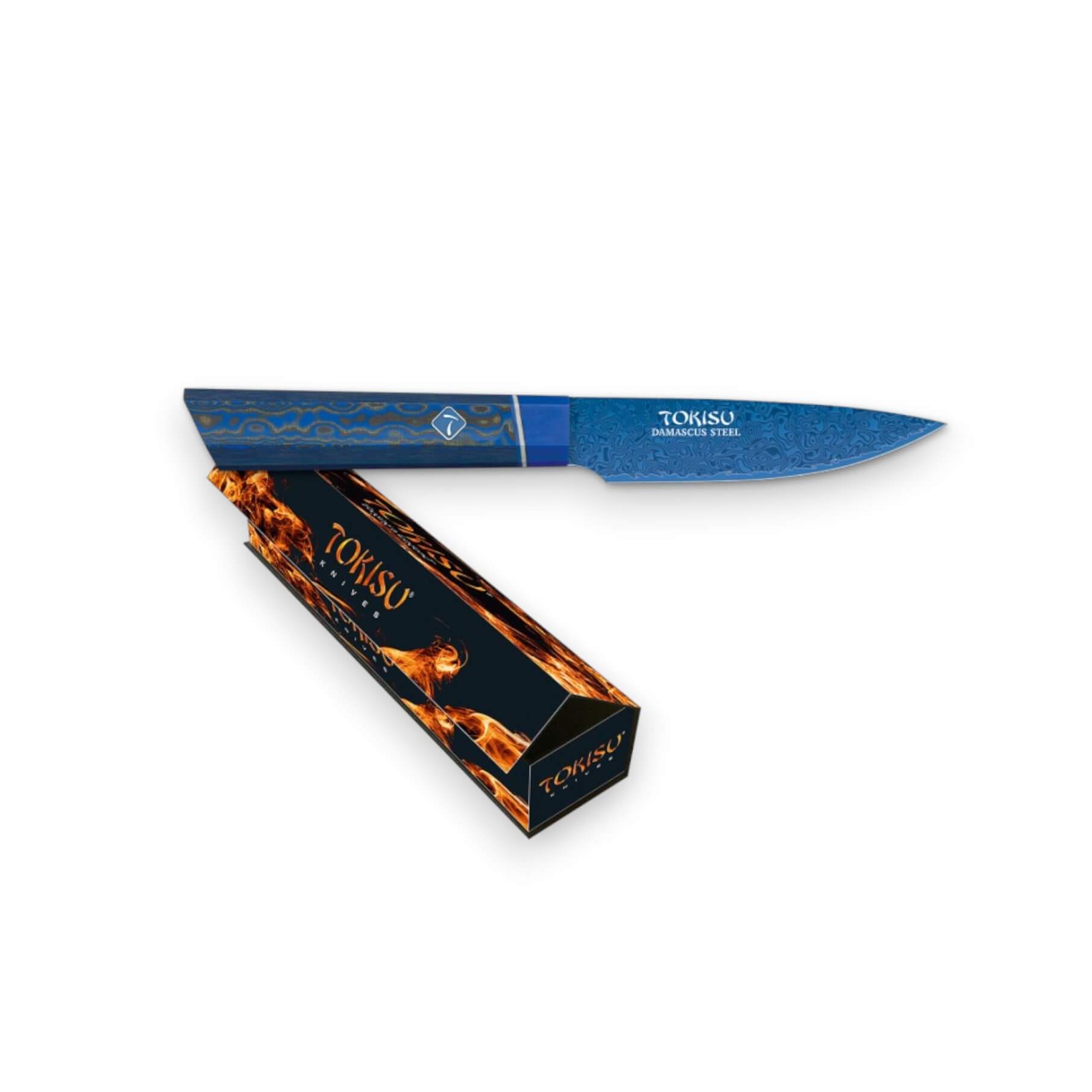 Cuchillo de cocina pequeño estilo japonés Tokisu con hoja de damasco azul de 11 cm