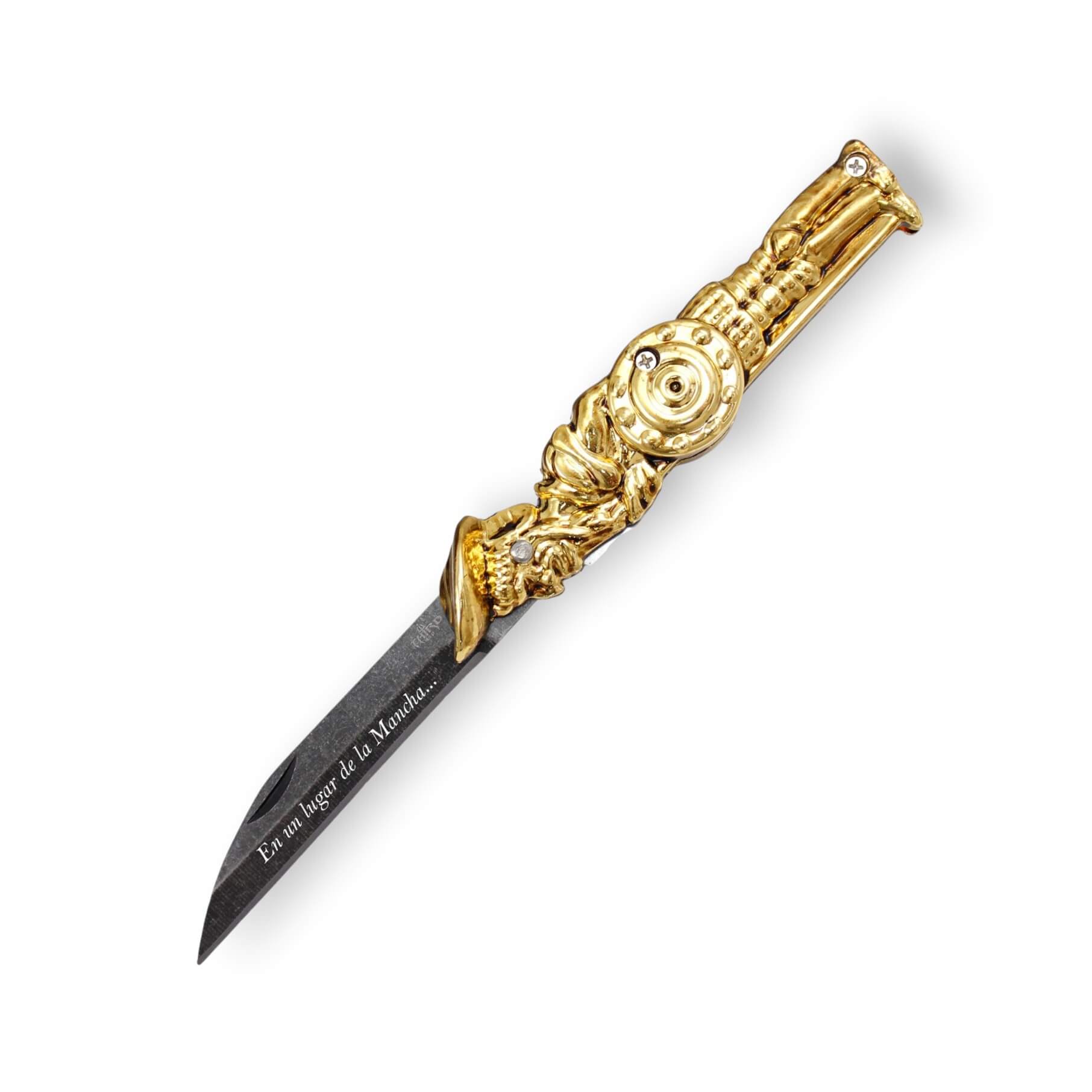 Taschenmesser mit vergoldetem Don-Quijote-Griff und schwarzer Kli...