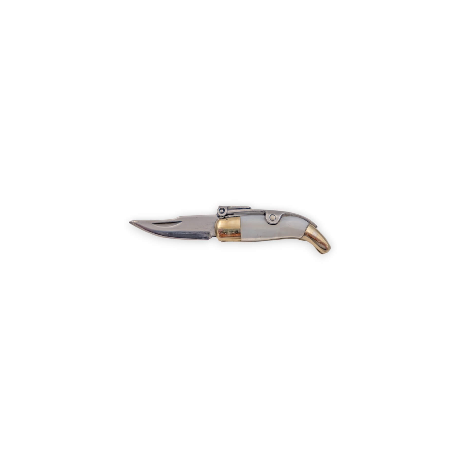 Miniaturmesser mit einer 1,72 cm langen, fliesenförmigen Klinge, Griff aus Alpaka und Muscheleinsatz