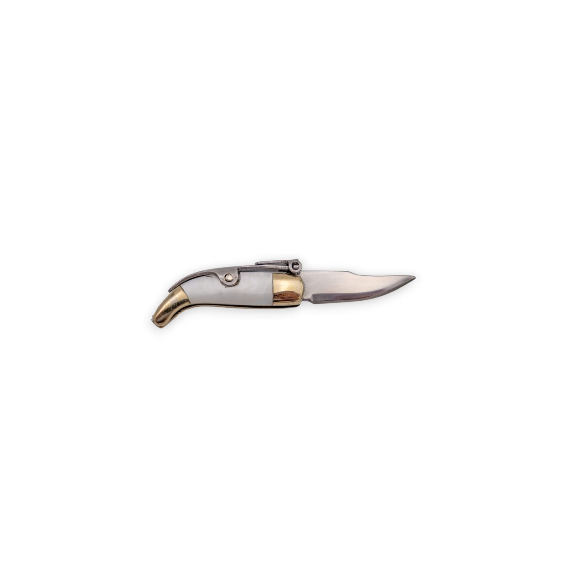 Miniaturmesser mit einer 1,72 cm langen, fliesenförmigen Klinge, Griff aus Alpaka und Muscheleinsatz