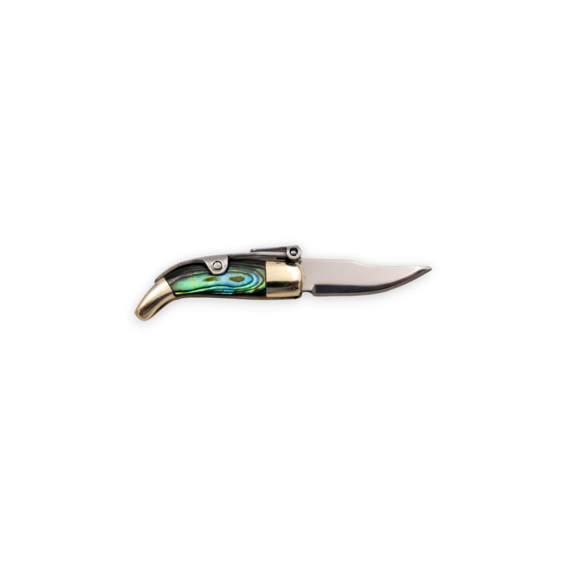 Miniaturmesser mit einer 1,72 cm langen, fliesenförmigen Klinge, Griff aus Alpakawolle und Abalone-Einlage
