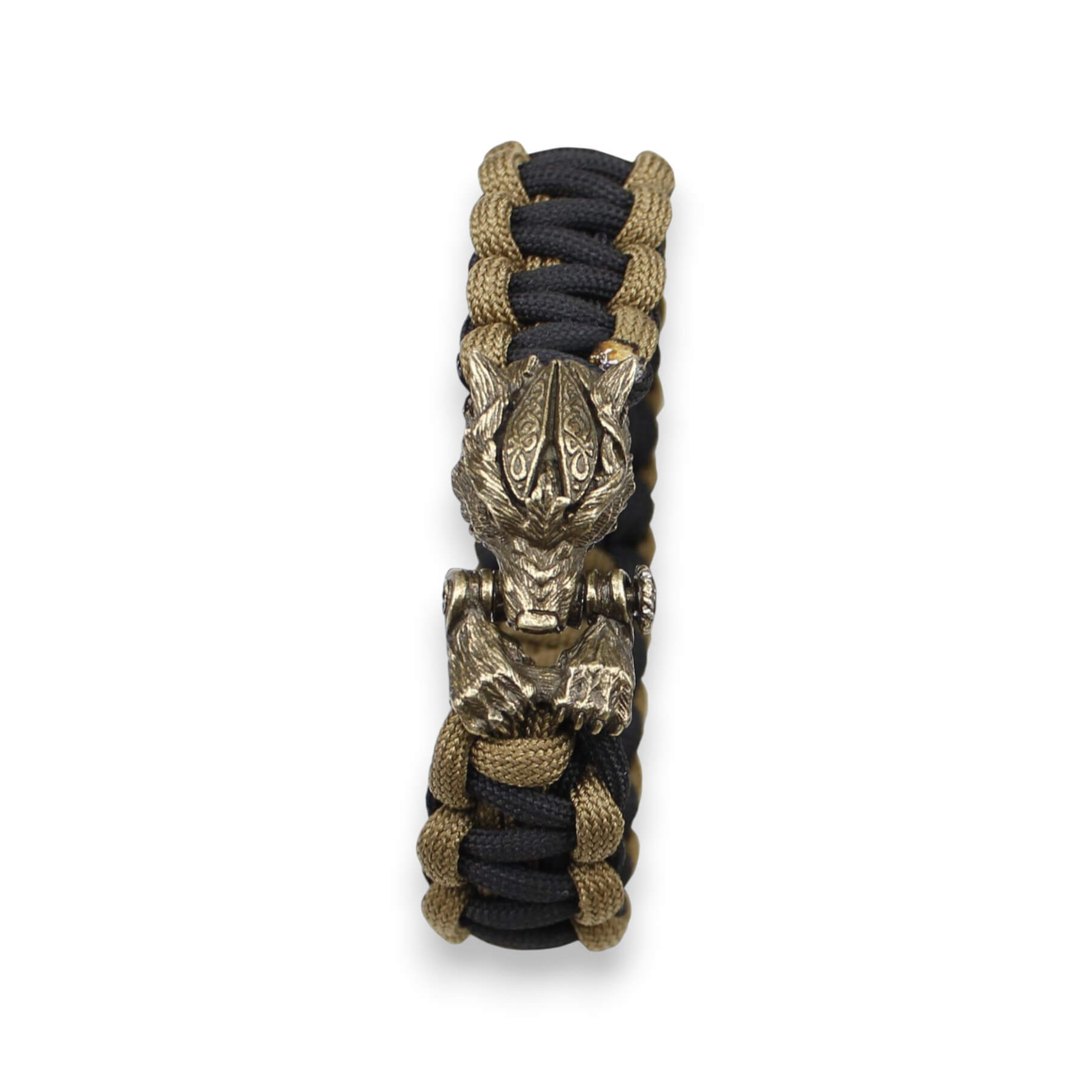 Brazalete paracord negro y marrón con cierre de cabeza de lobo