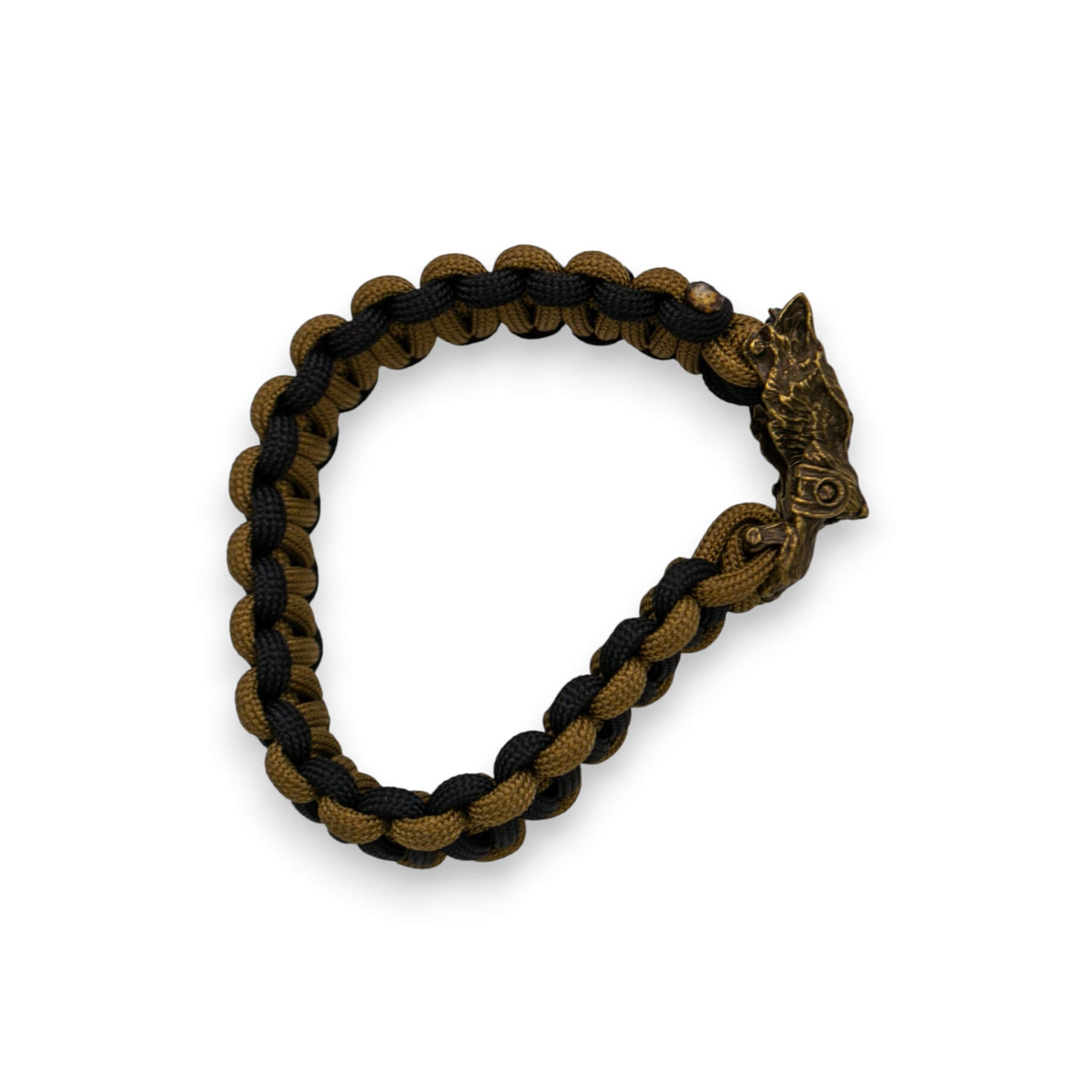 Brazalete paracord negro y marrón con cierre de cabeza de lobo