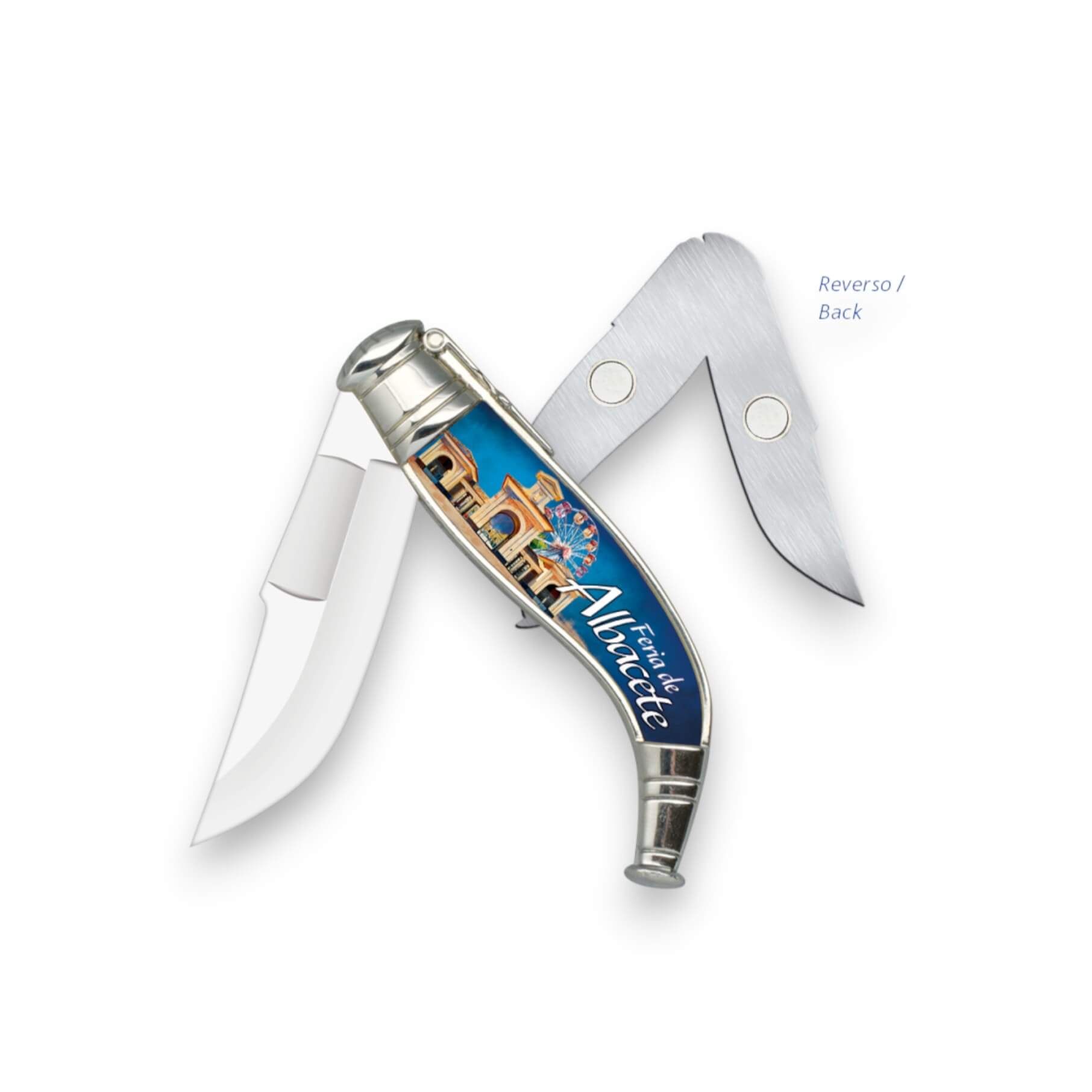 Souvenirmagnet aus Albacete in Form eines blauen Klappmessers