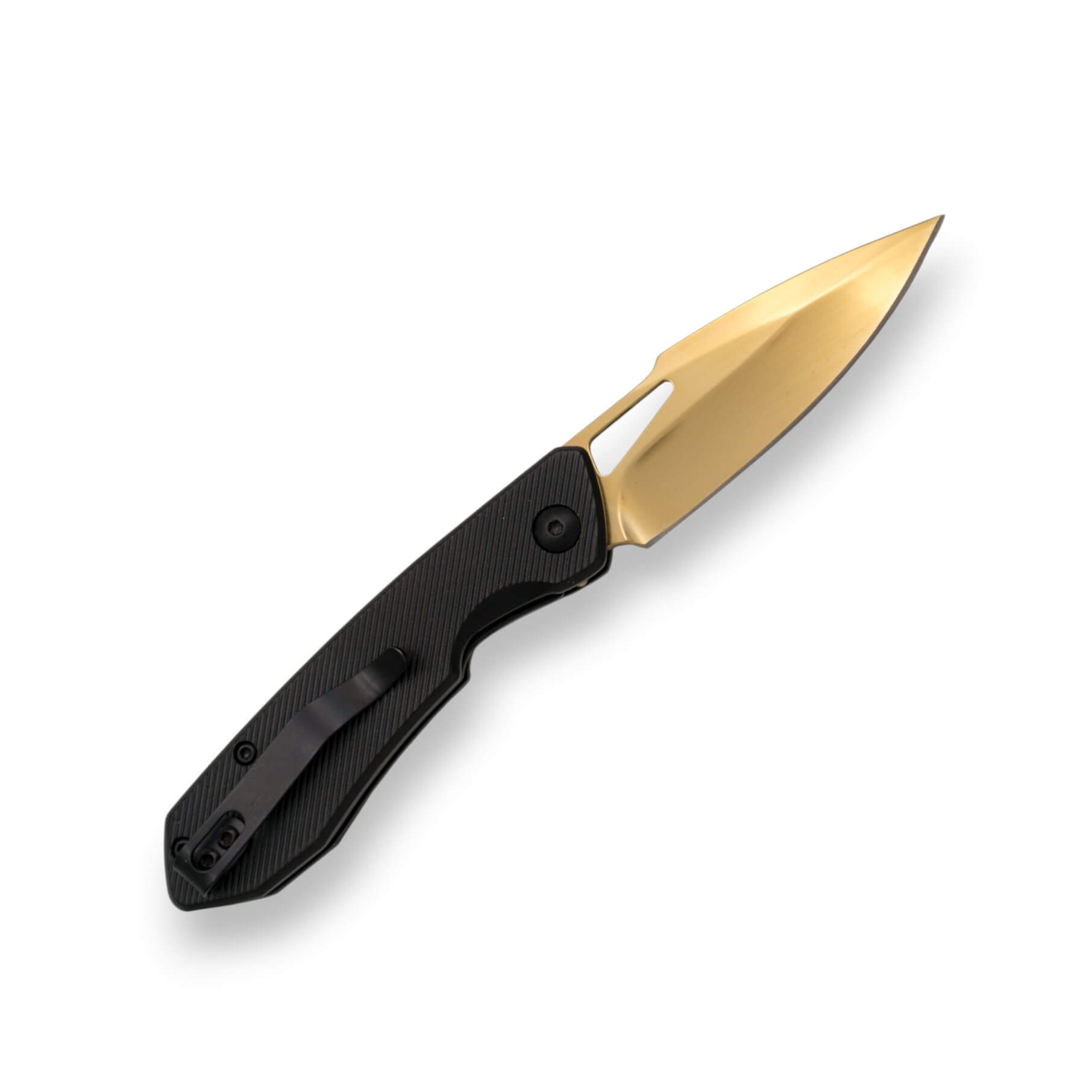 Taktisches Klappmesser mit schwarzem Aluminiumgriff und 7 cm langer Klinge mit goldfarbenem Titan-Finish