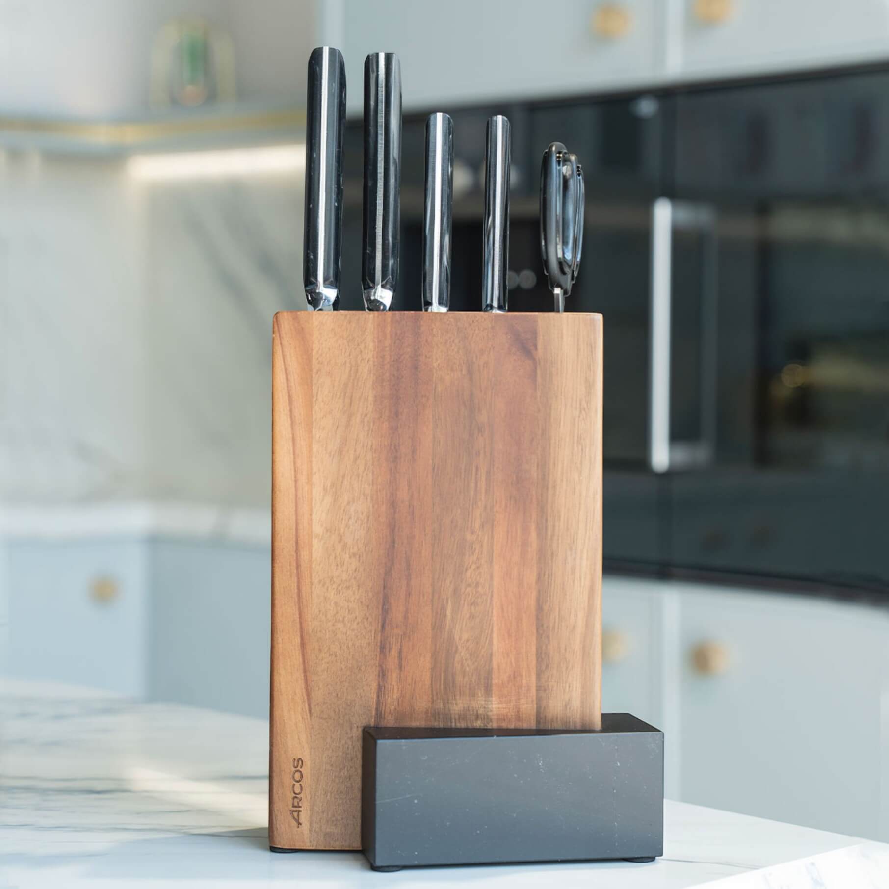 Set de cuisine Arcos 4 pièces série Eclipse + Ciseaux + Support en bois d'acacia et marbre noir
