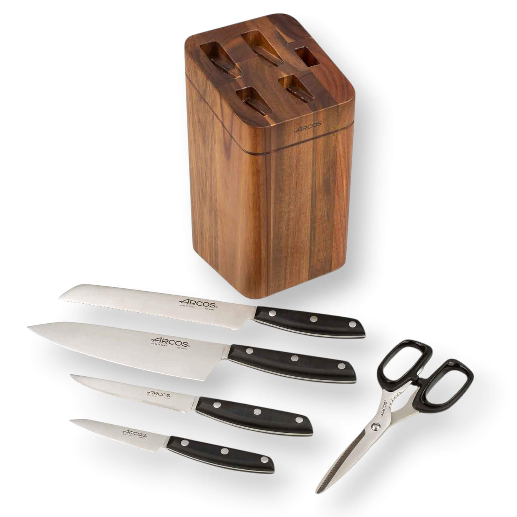 Set de cuisine 4 pièces Arcos Série Ibiza + Ciseaux + Support en bois d'acacia