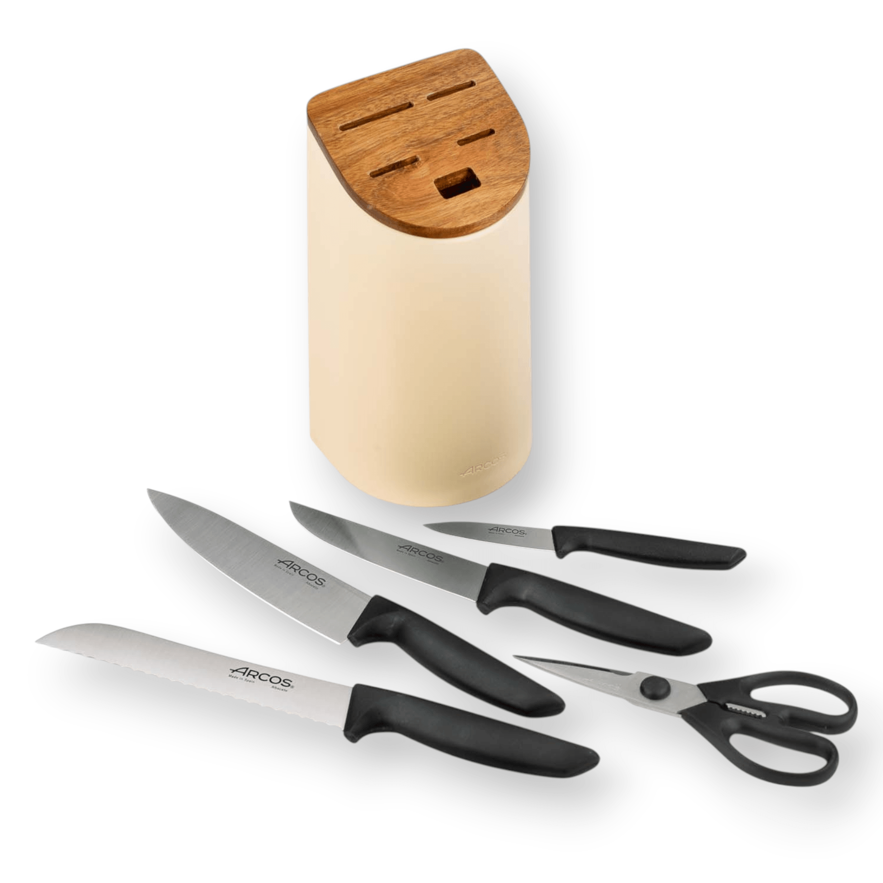 Set de cuisine Arcos comprenant 4 couteaux Niza, des ciseaux et un porte-couteaux beige en bois d'acacia
