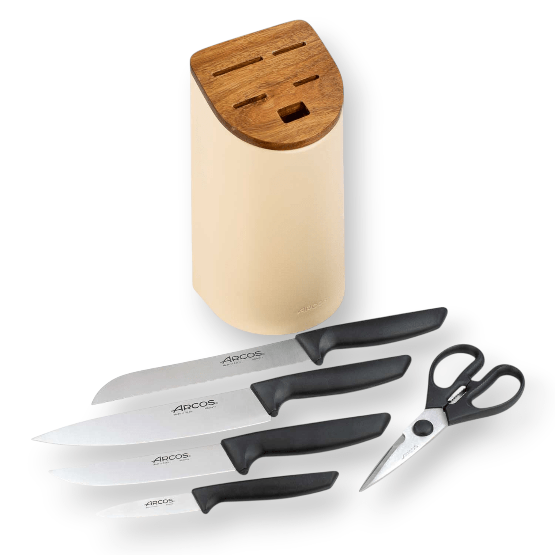 Set de cuisine Arcos comprenant 4 couteaux Niza, des ciseaux et un porte-couteaux beige en bois d'acacia
