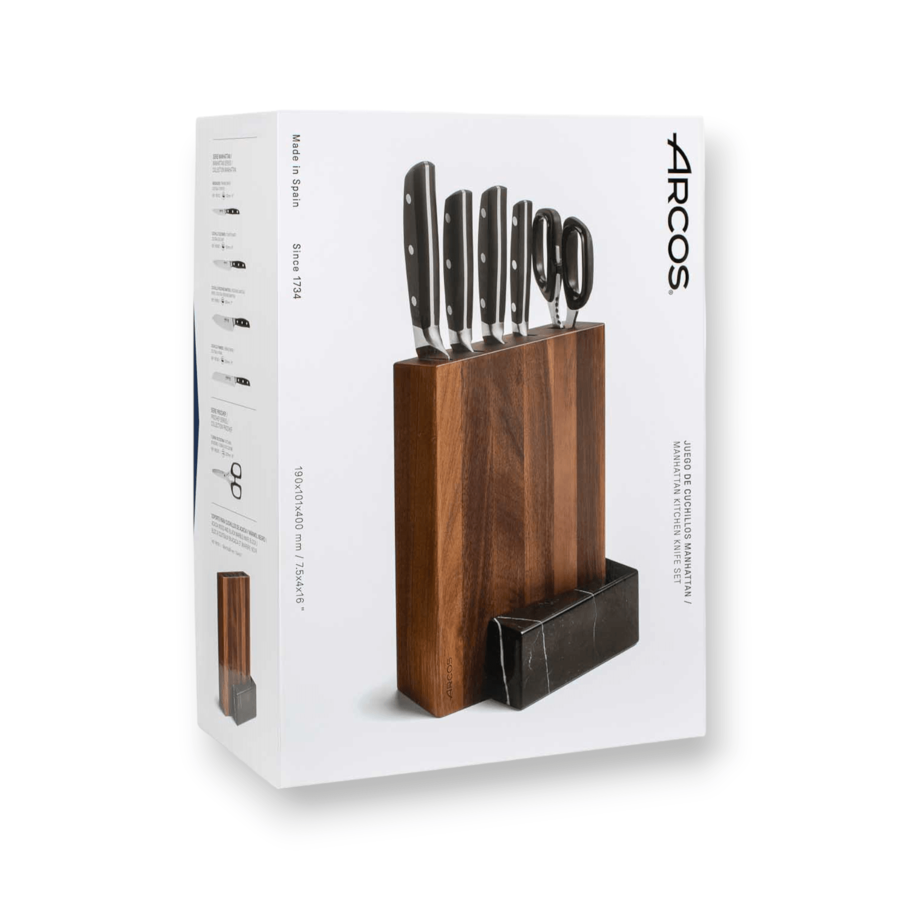 Set de cuisine Arcos 4 pièces Série Manhattan + Ciseaux + Support en bois d'acacia et marbre noir