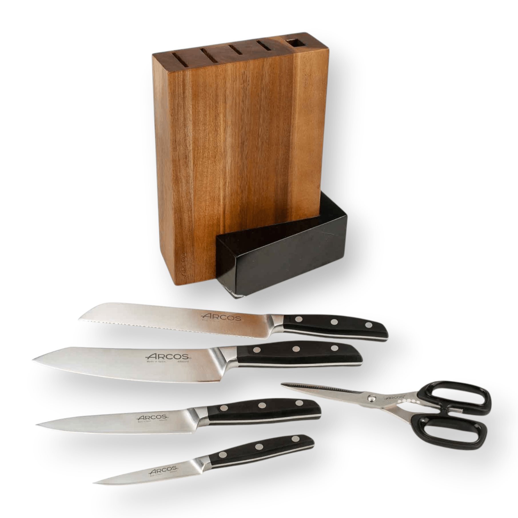 Set de cuisine Arcos 4 pièces Série Manhattan + Ciseaux + Support en bois d'acacia et marbre noir