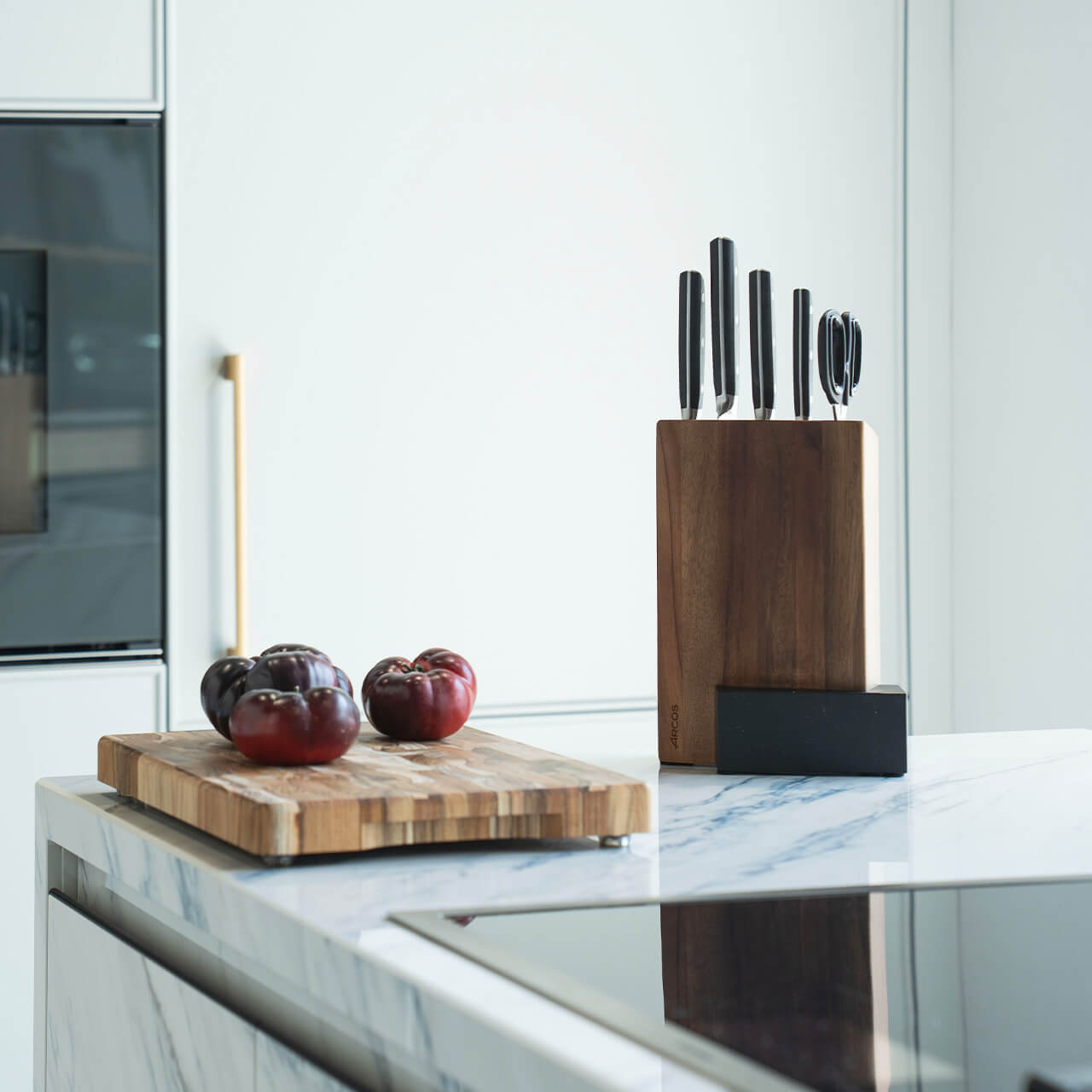 Set de cuisine Arcos 4 pièces Série Manhattan + Ciseaux + Support en bois d'acacia et marbre noir