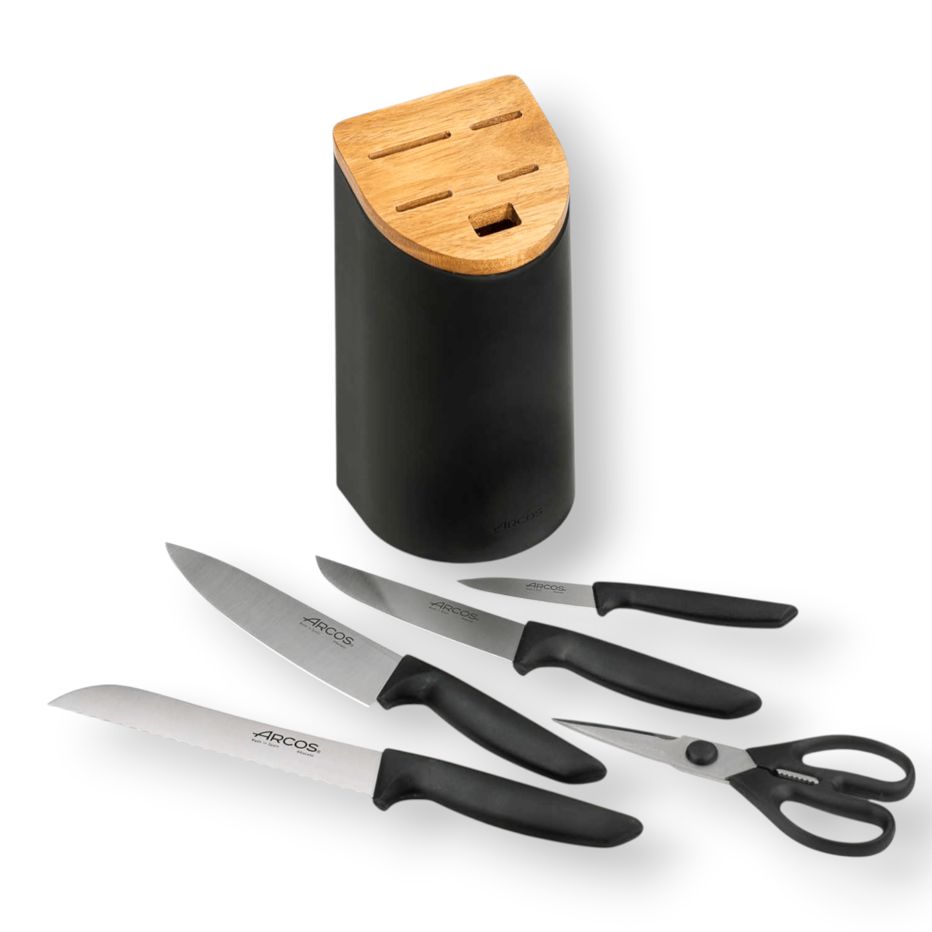 Set de cuisine Arcos Niza : 4 couteaux + ciseaux + bloc à couteaux noir avec couvercle en bois d'acacia