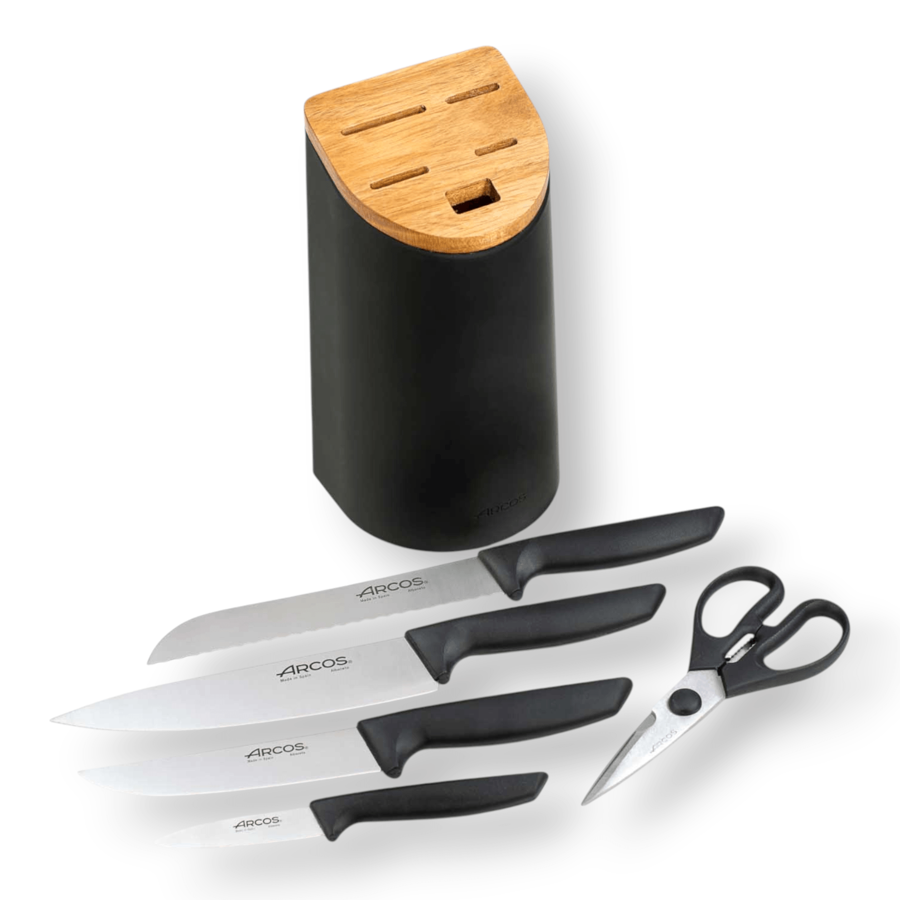 Set de cuisine Arcos Niza : 4 couteaux + ciseaux + bloc à couteaux noir avec couvercle en bois d'acacia