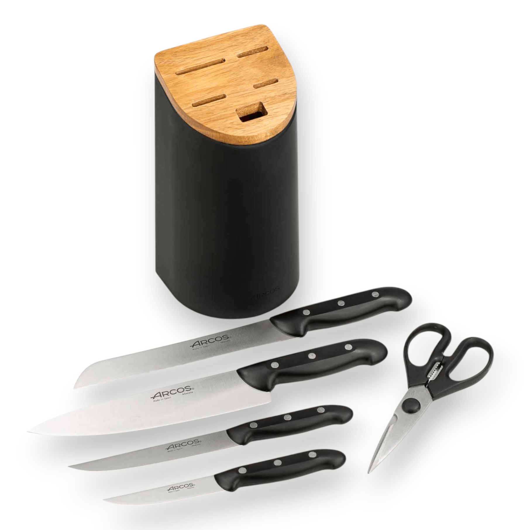 Ensemble de cuisine Arcos comprenant 4 couteaux Maitre, des ciseaux Prochef et un porte-couteaux noir en bois d'acacia