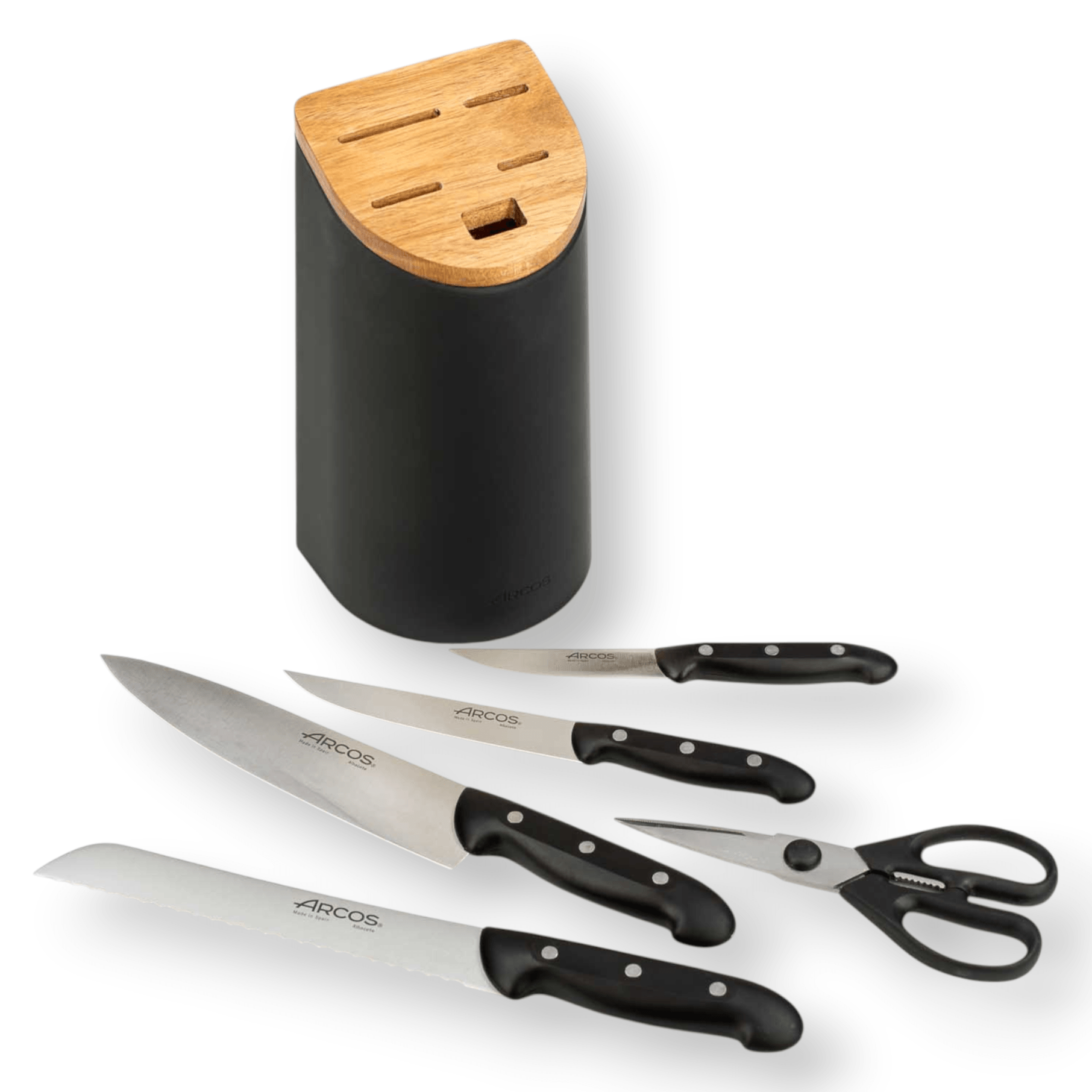 Ensemble de cuisine Arcos comprenant 4 couteaux Maitre, des ciseaux Prochef et un porte-couteaux noir en bois d'acacia