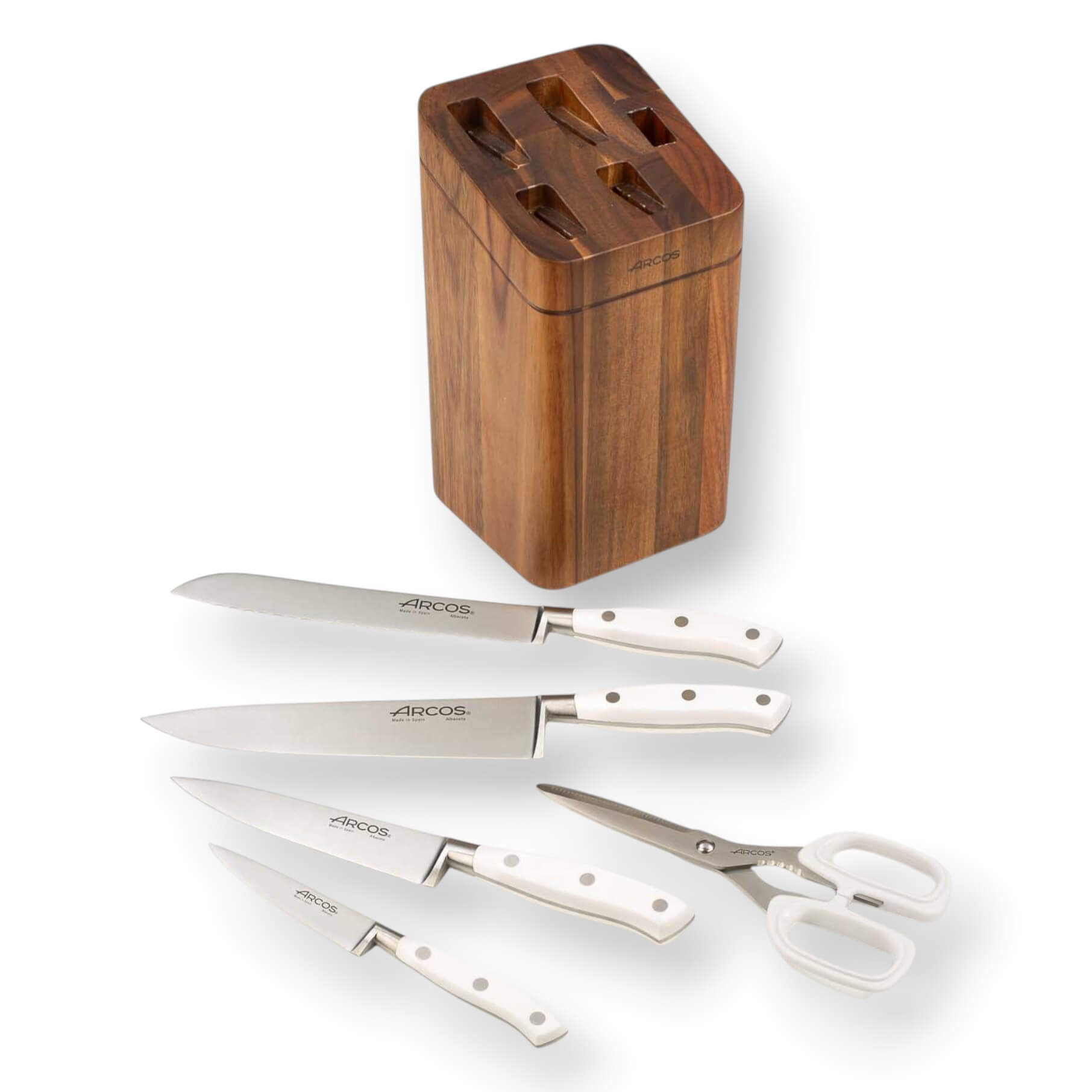 Set de cuisine Arcos série Riviera Blanc : 4 couteaux + ciseaux + bloc à couteaux en bois d'acacia