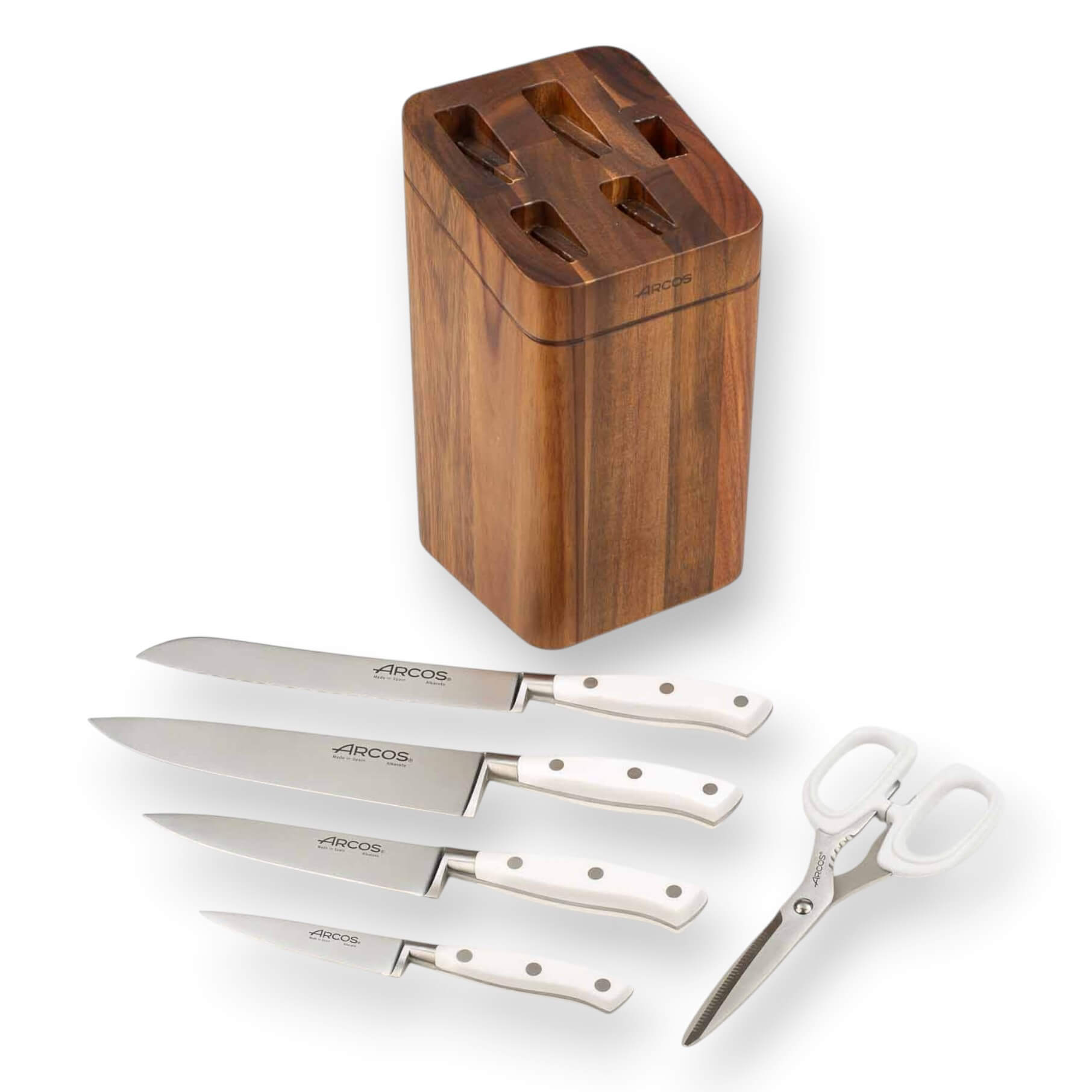 Set de cuisine Arcos série Riviera Blanc : 4 couteaux + ciseaux + bloc à couteaux en bois d'acacia