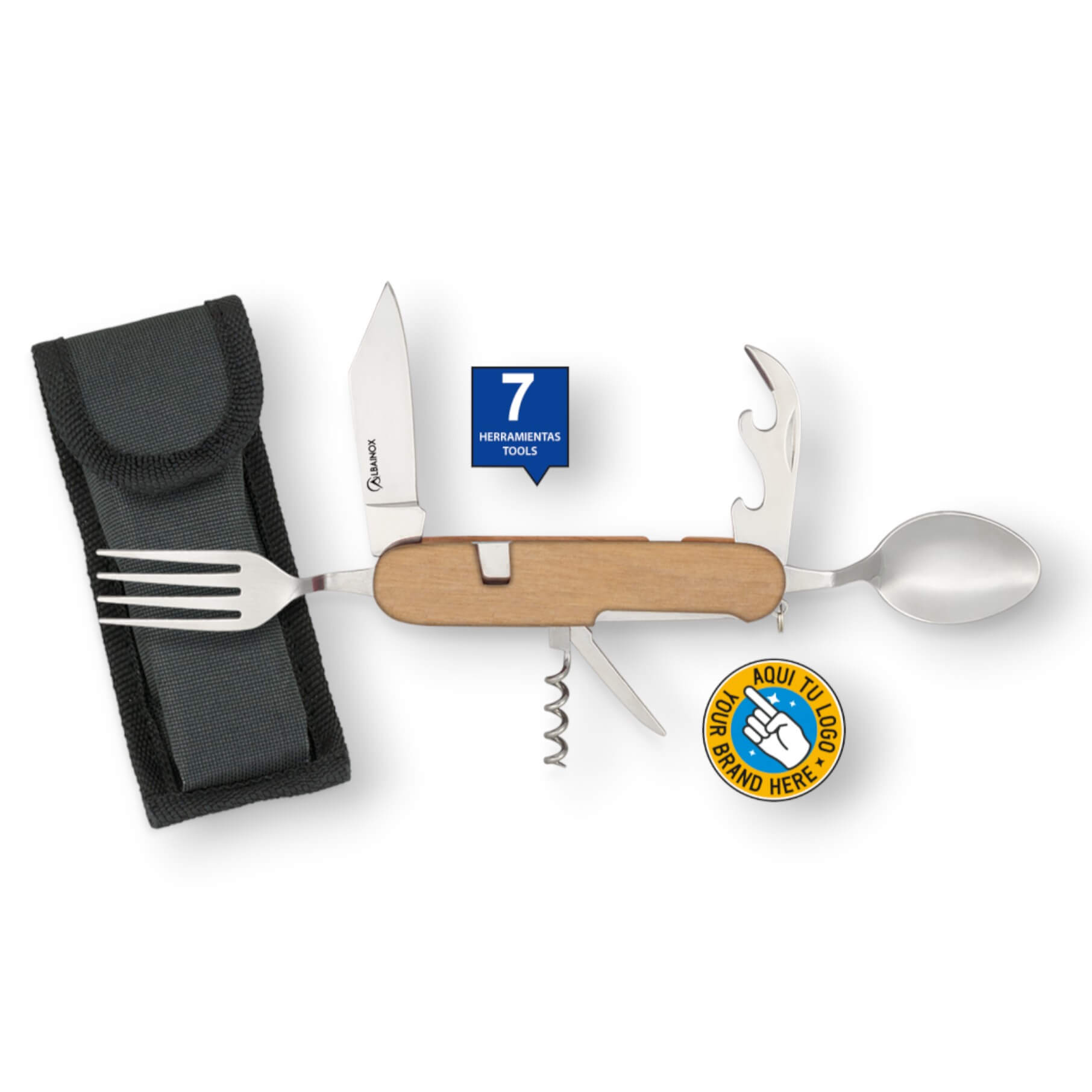 Navaja multiusos con 7 utilidades y mango de madera