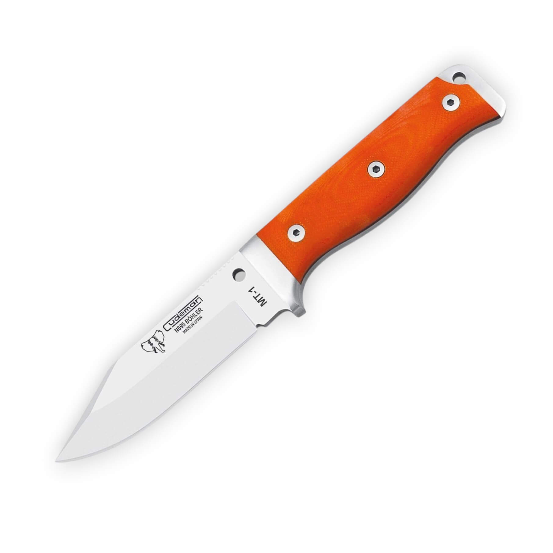 Cudeman MT1 knife with an orange G10 handle and a leather sheath