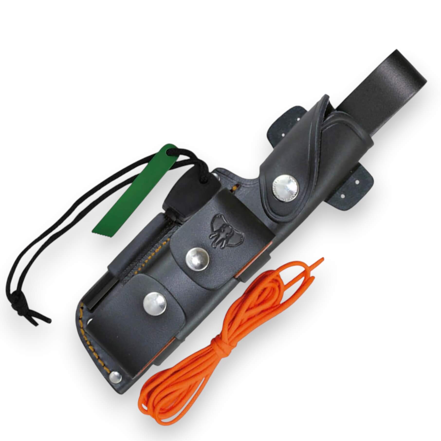Cudeman MT1 knife with an orange G10 handle and a leather sheath, including a complete kit