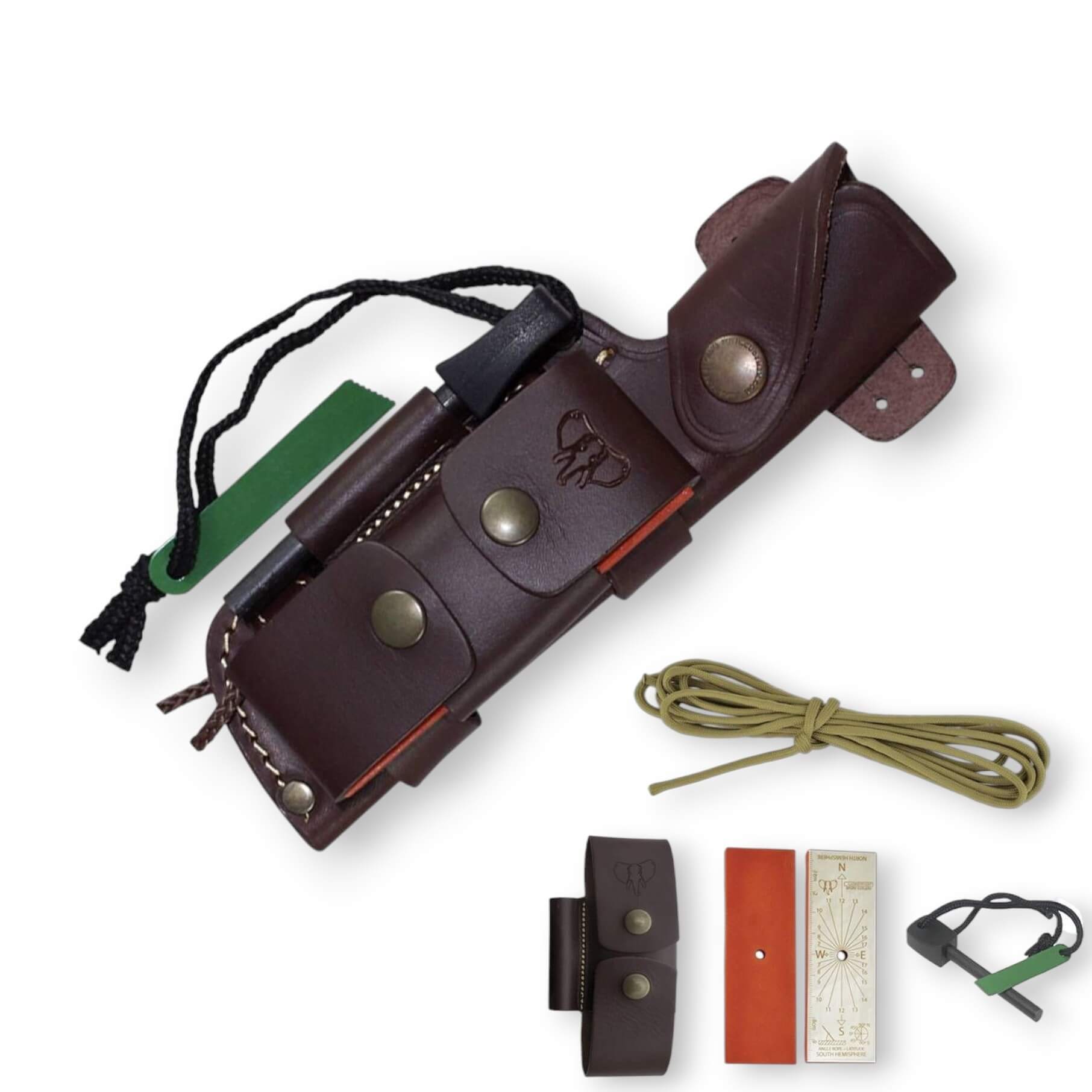 Fab I survival knife with a brown Micarta handle and a Böhler N-695 steel blade, including a leather sheath and a complete kit