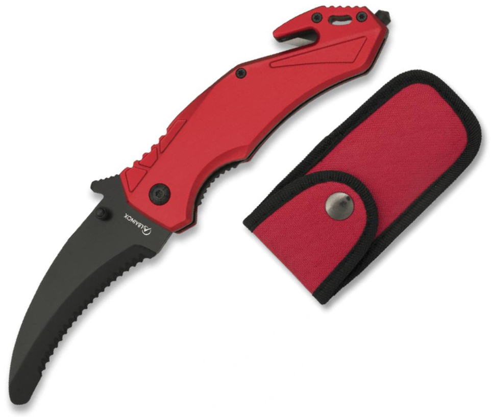 Navaja táctica Albainox con mango de aluminio rojo, funda de nylo...