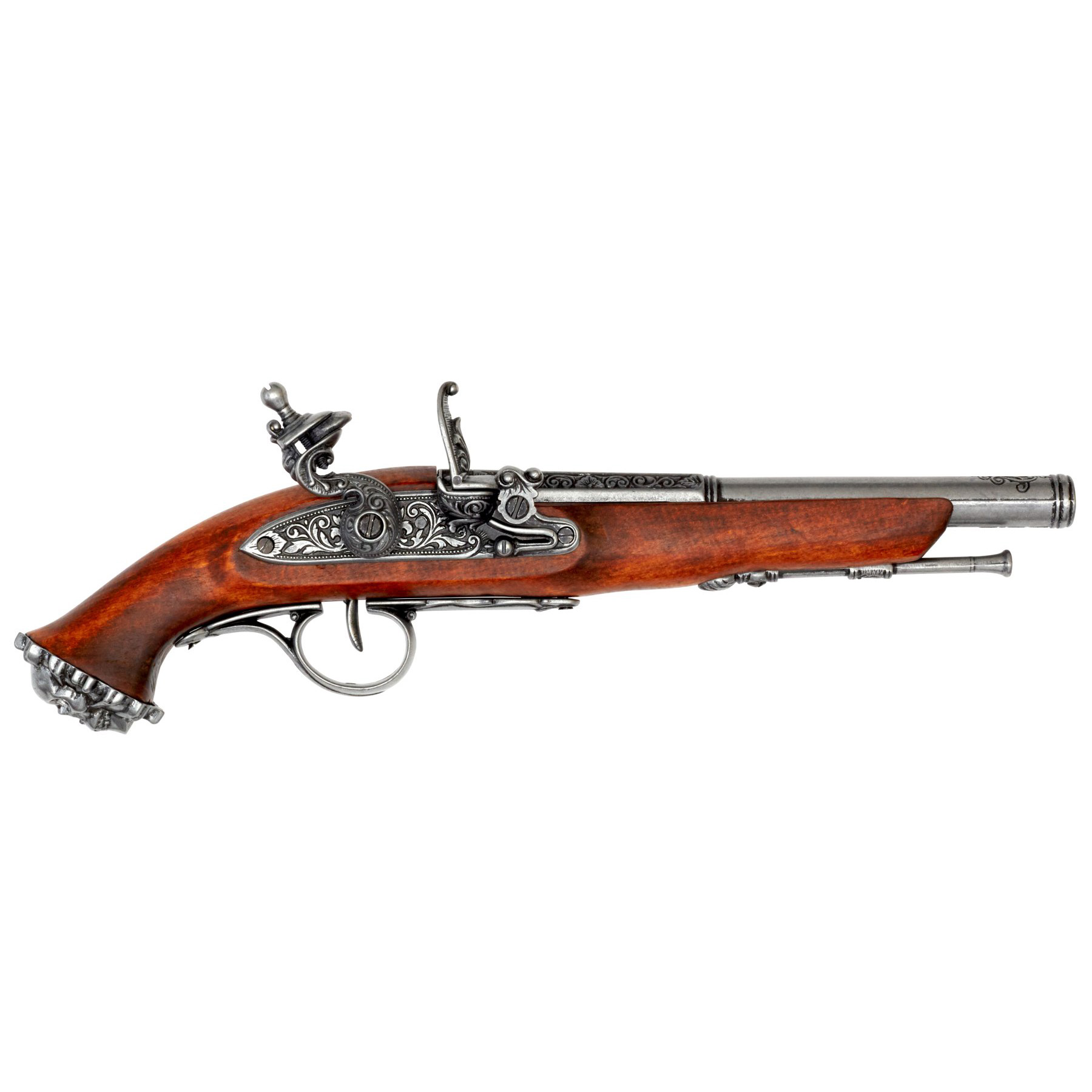 Pistola pirata de pederneira de madeira e metal do séc. XVIII