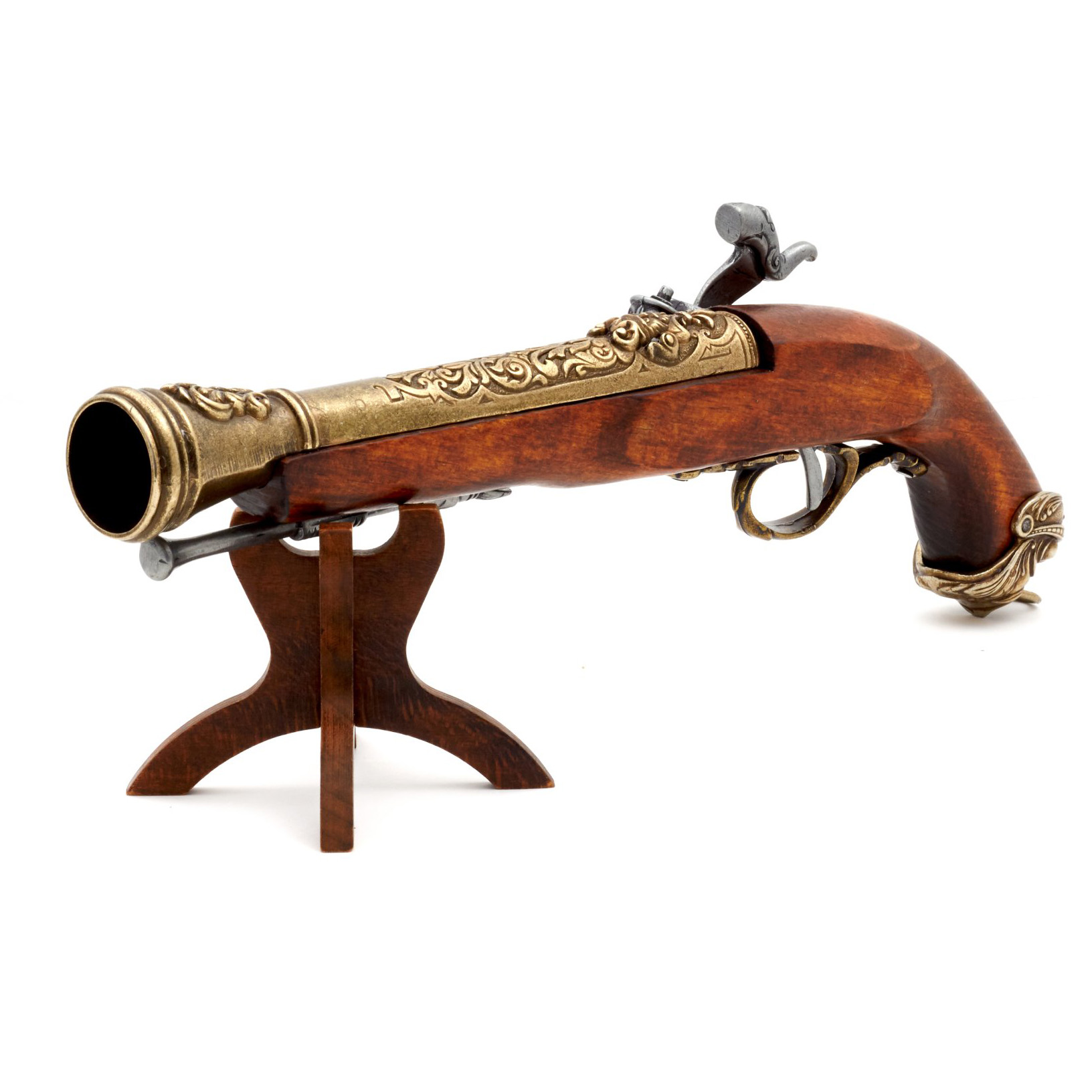 Pirate percussion pistol made of wood and brass-finished metal, Italy, 18th century