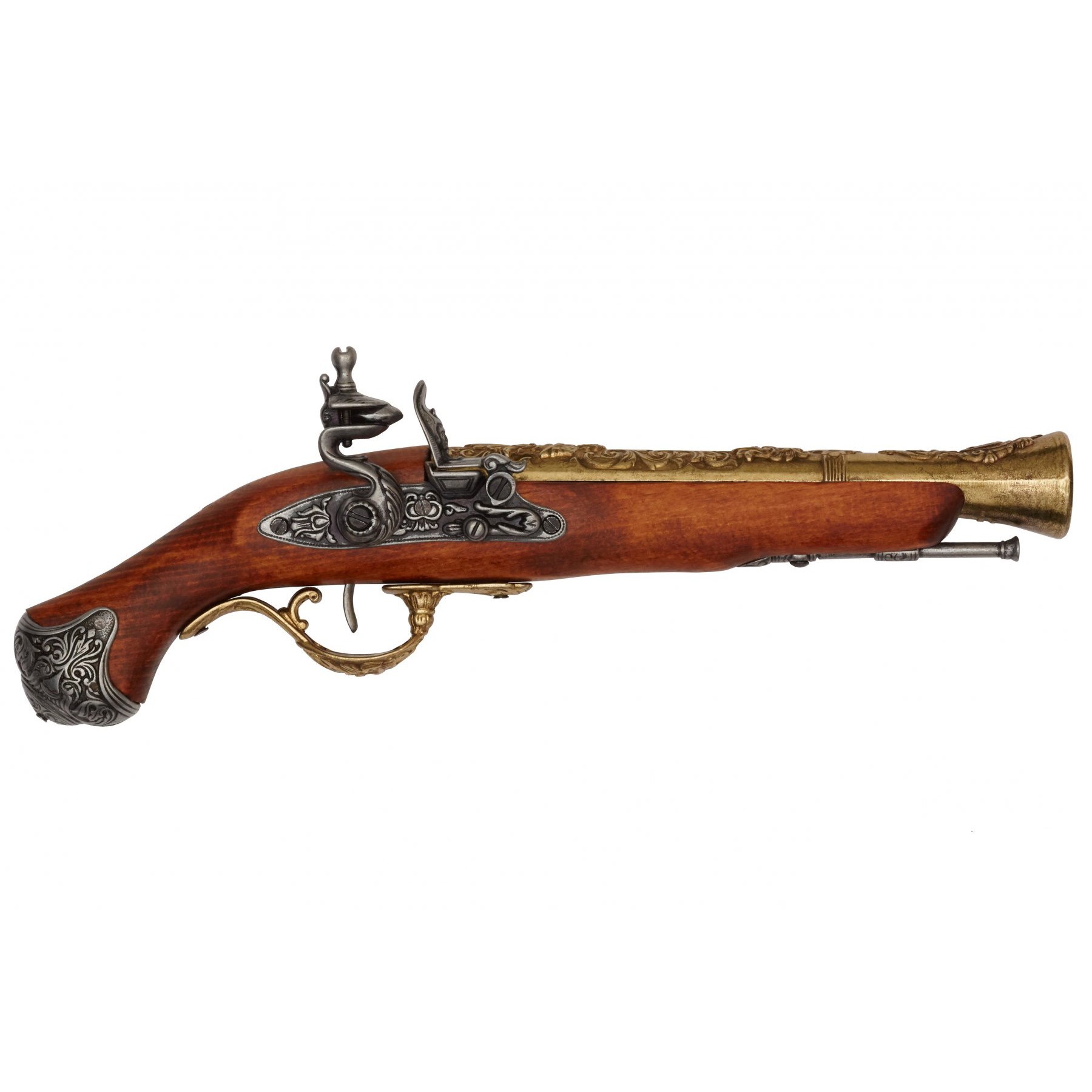 Pistola de pederneira em madeira e metal com acabamento em latão, Inglaterra, século XVIII