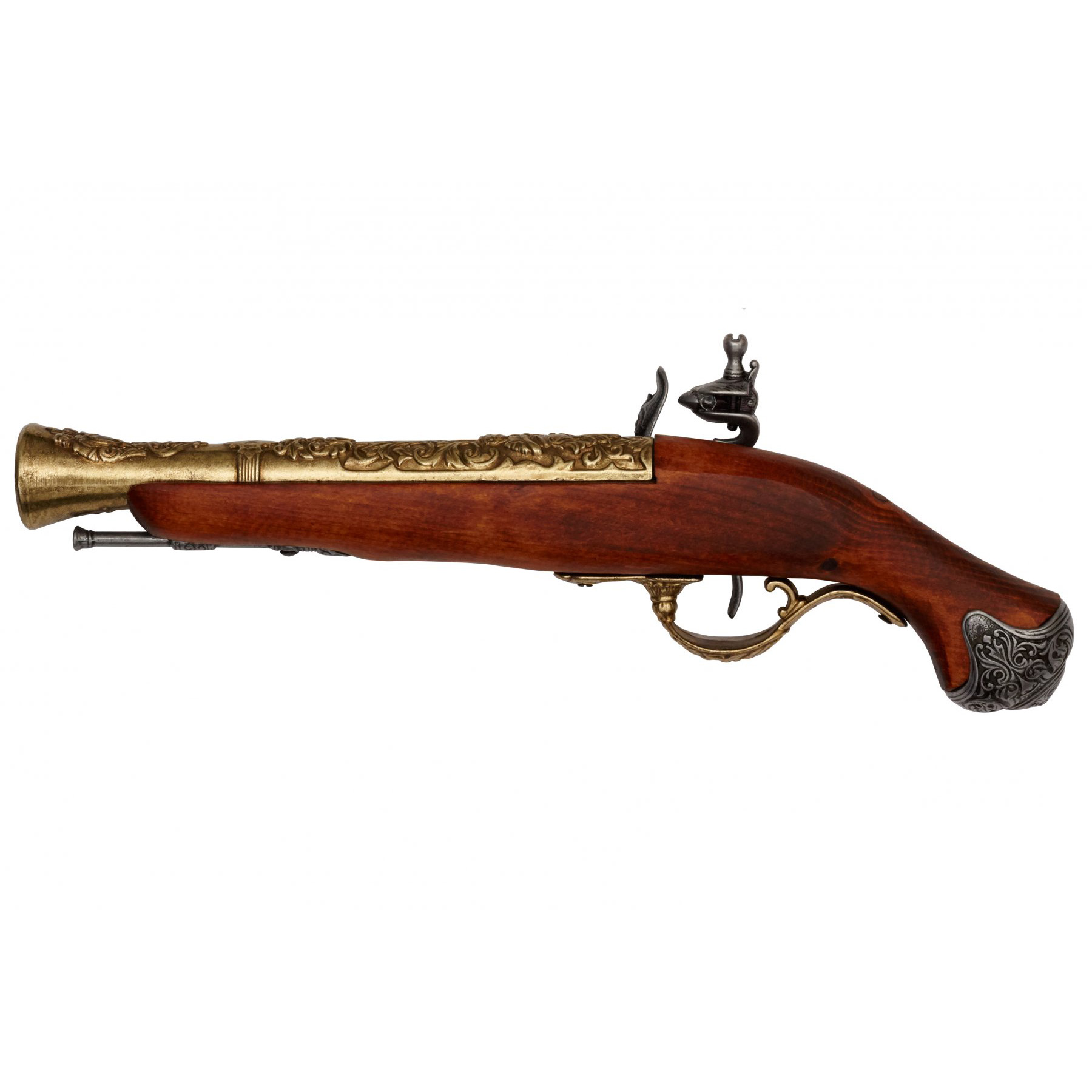 Wooden and metal flintlock pistol with brass finish, England, 18th century