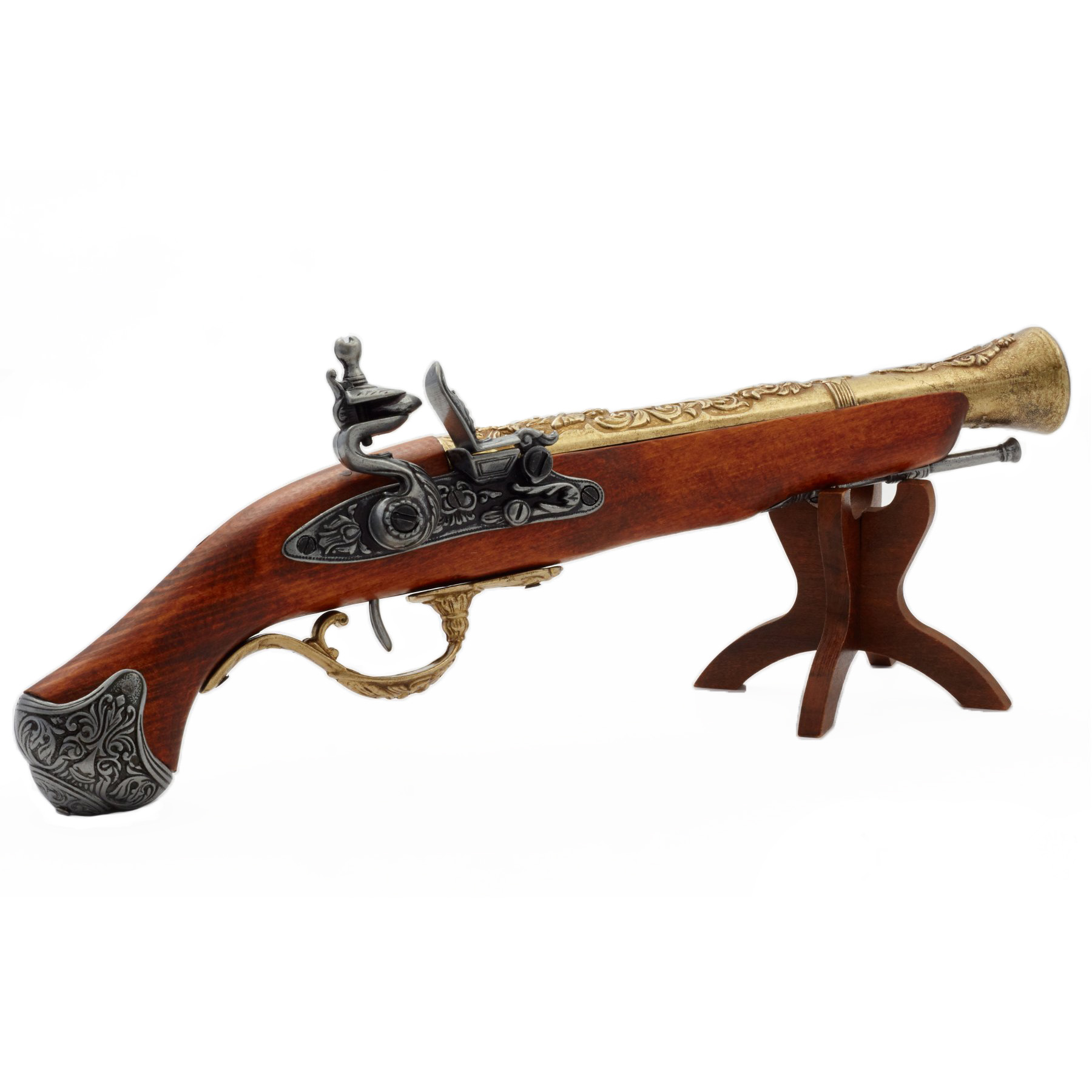 Wooden and metal flintlock pistol with brass finish, England, 18th century