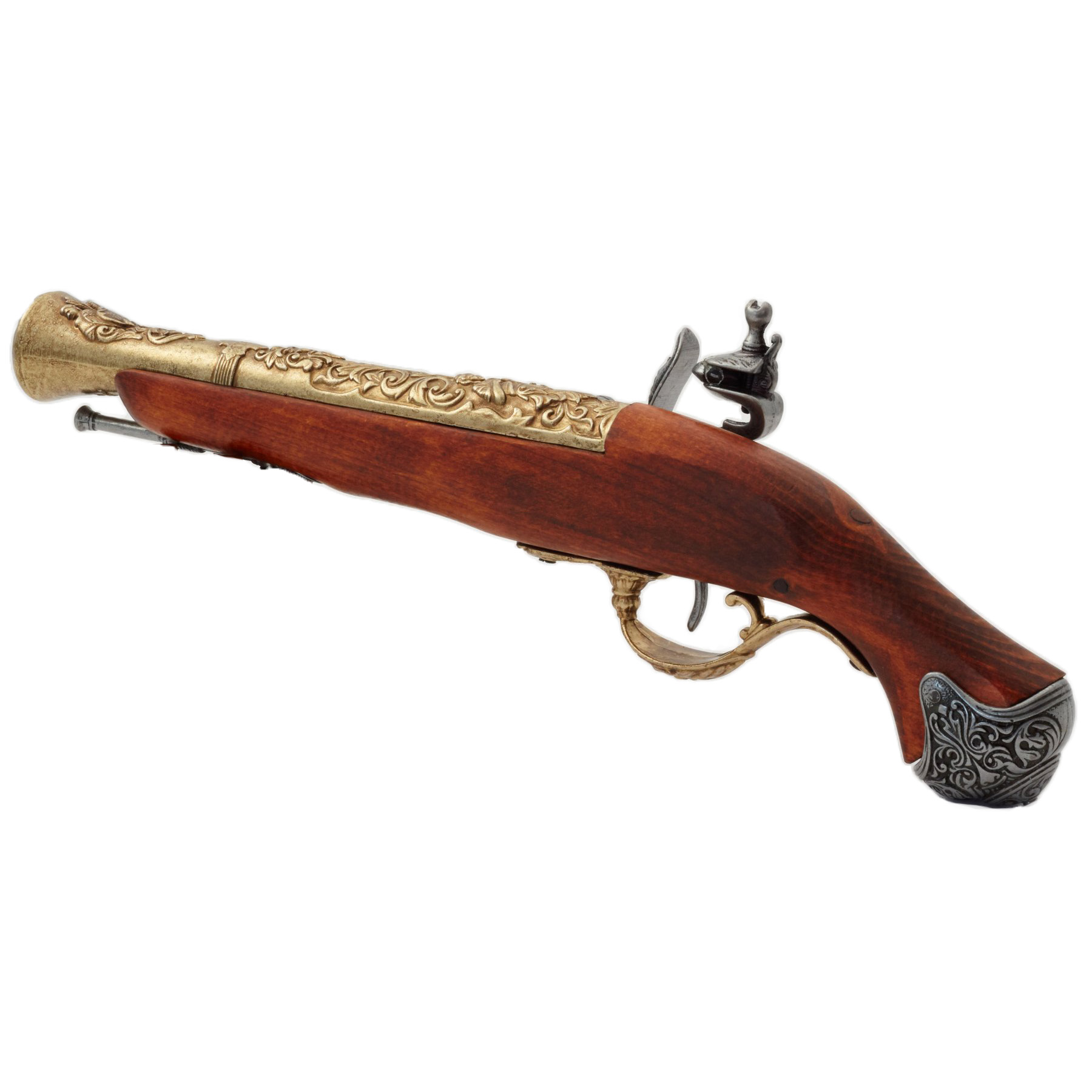 Wooden and metal flintlock pistol with brass finish, England, 18th century