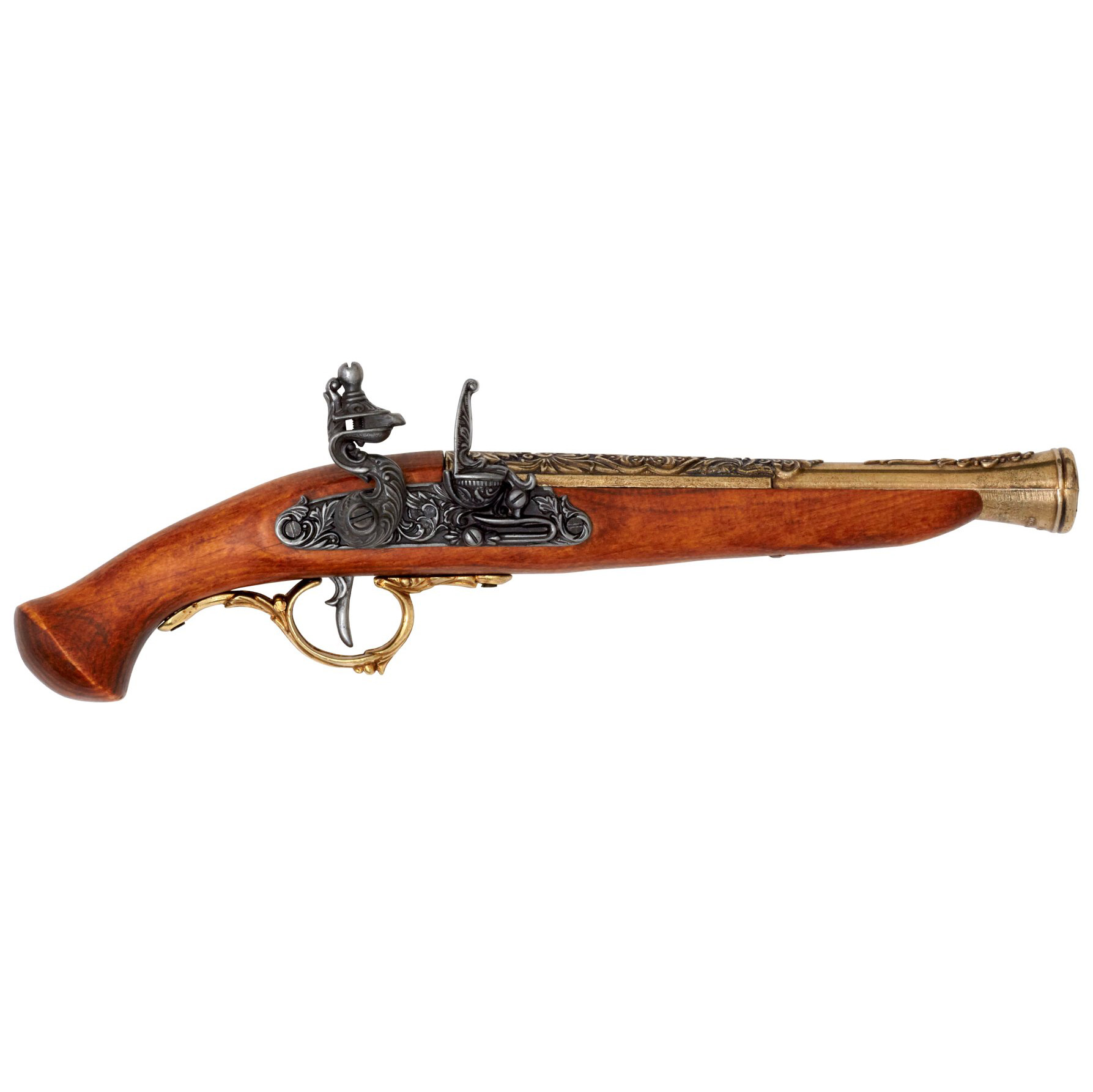 Pistola de pederneira em metal com acabamento em madeira e latão, Alemanha, séc. XVIII
