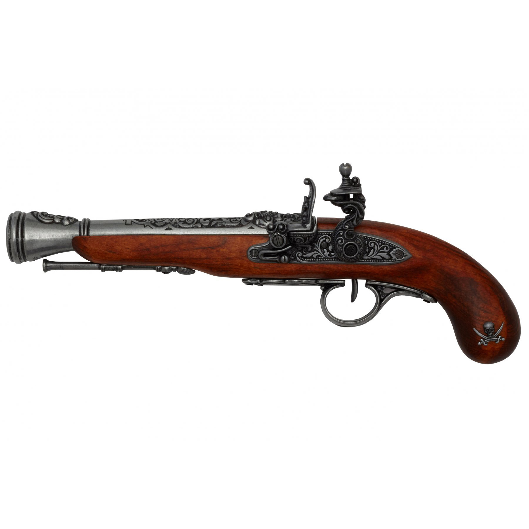 Pistola de pederneira pirata em madeira e metal para canhotos, séc. XVIII