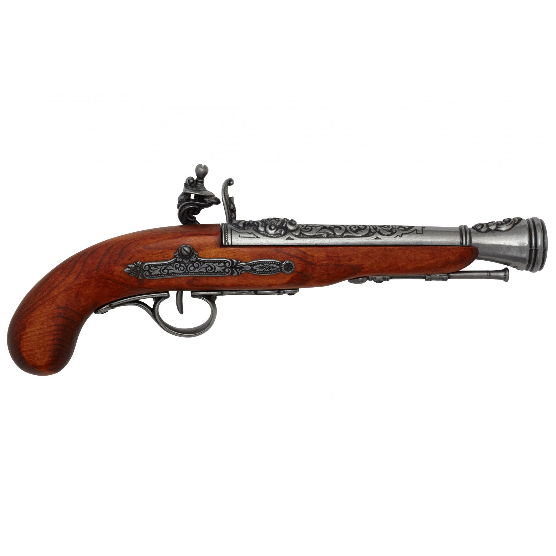 Left-handed pirate flintlock pistol made of wood and metal, 18th century