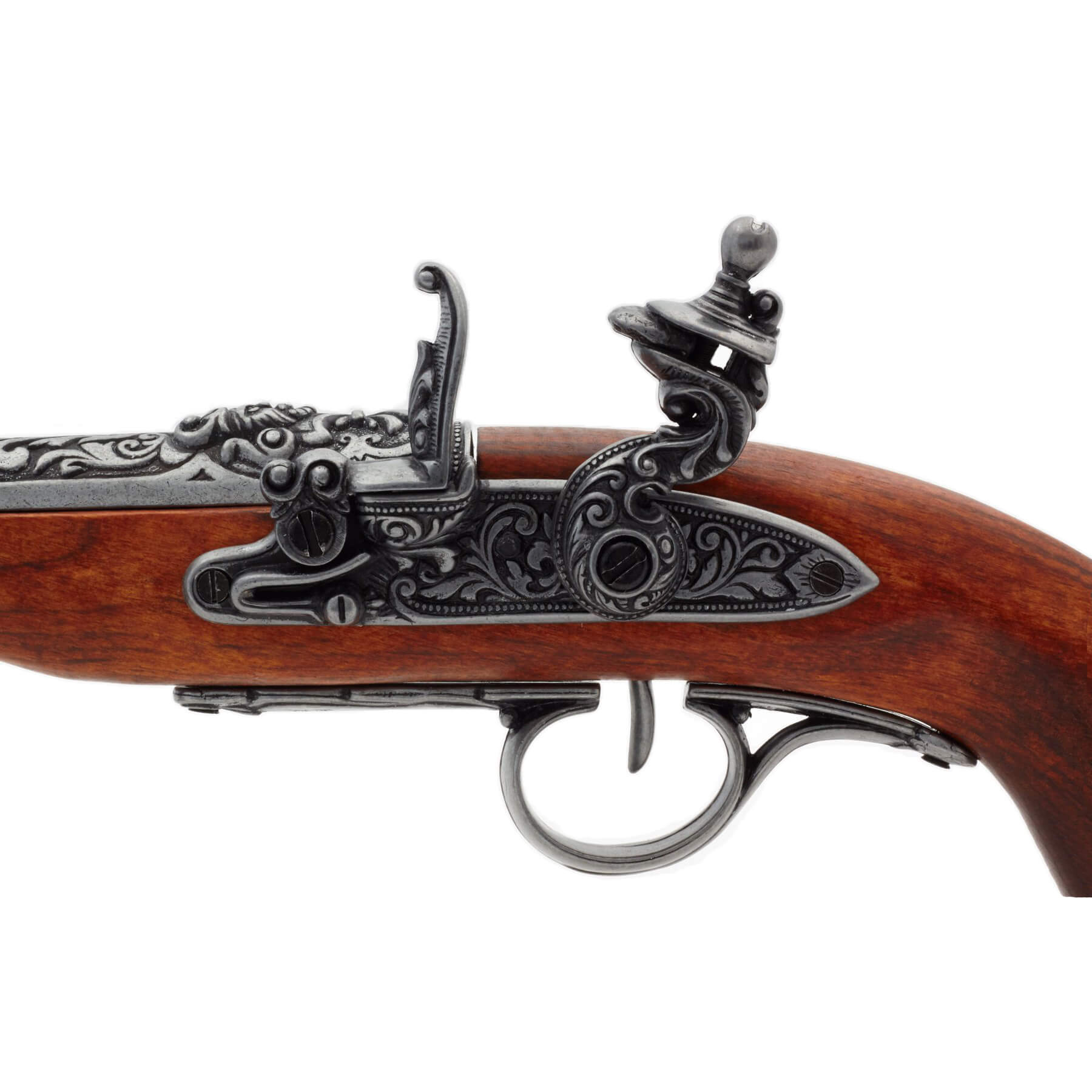 Left-handed pirate flintlock pistol made of wood and metal, 18th century