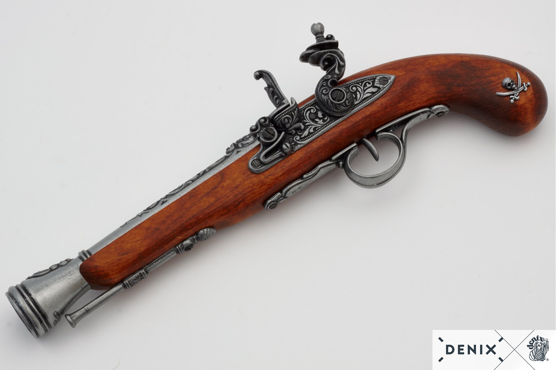 Left-handed pirate flintlock pistol made of wood and metal, 18th century