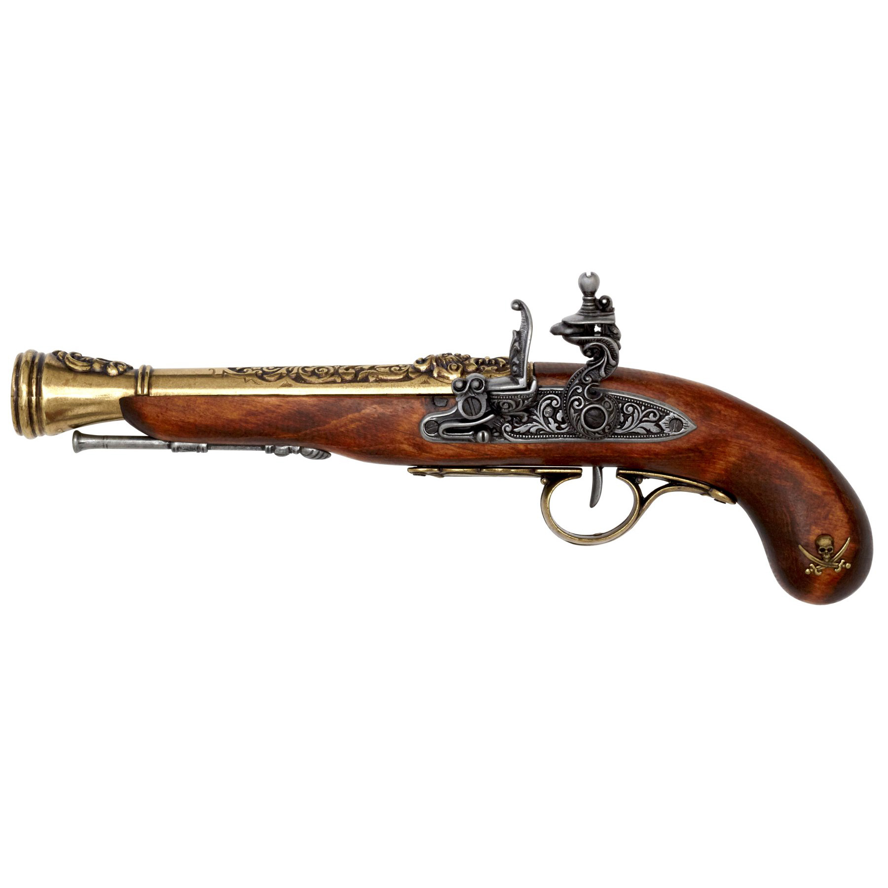 Pistola de pederneira pirata para canhotos feita de madeira e metal com acabamento em latão, séc. XVIII