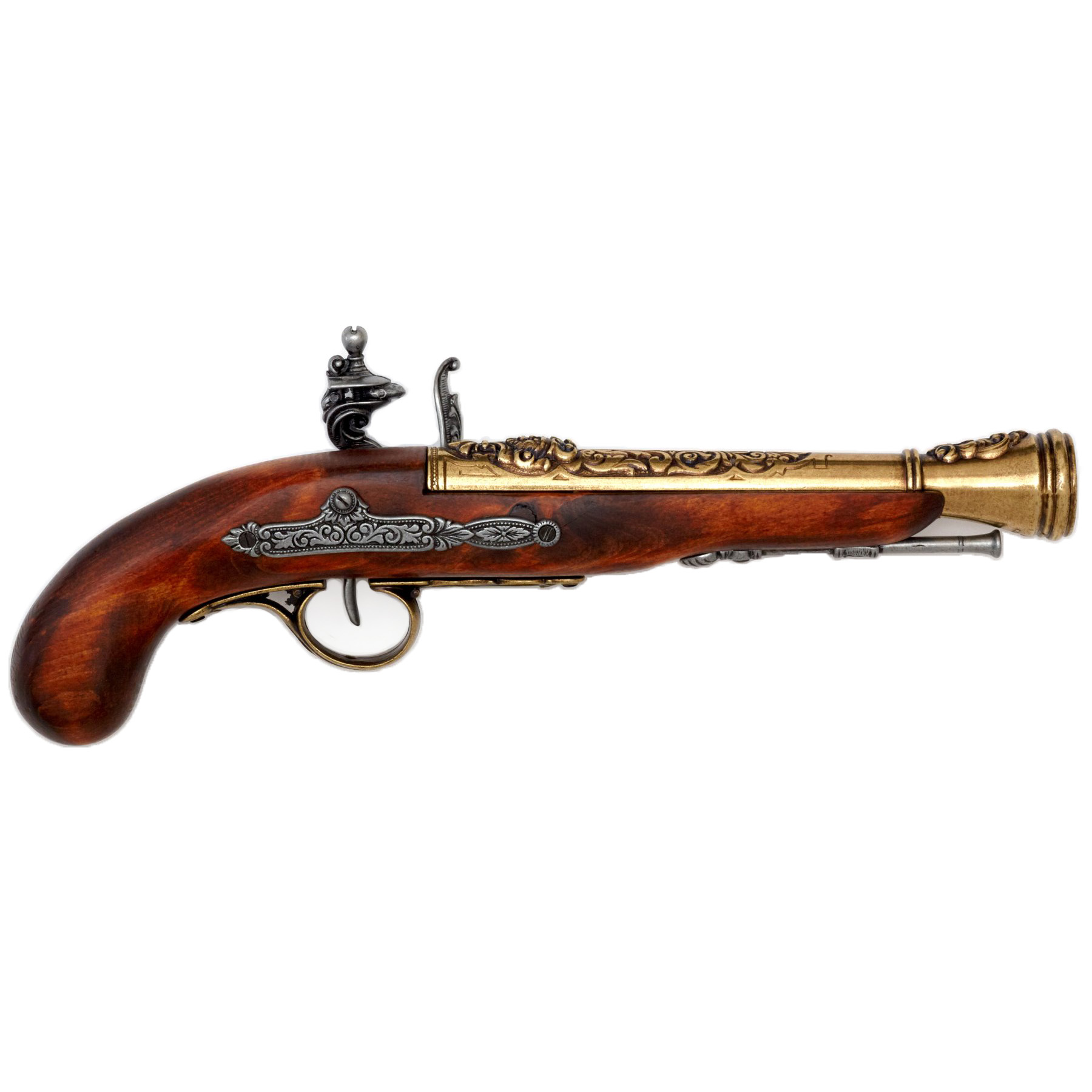 Left-handed pirate flintlock pistol made of wood and brass-finished metal, 18th century