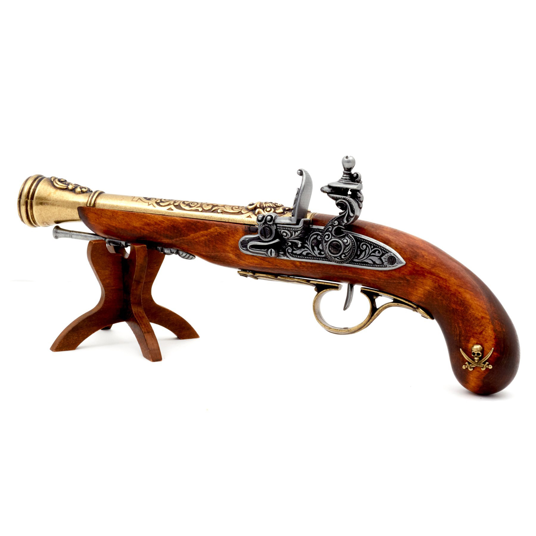Left-handed pirate flintlock pistol made of wood and brass-finished metal, 18th century