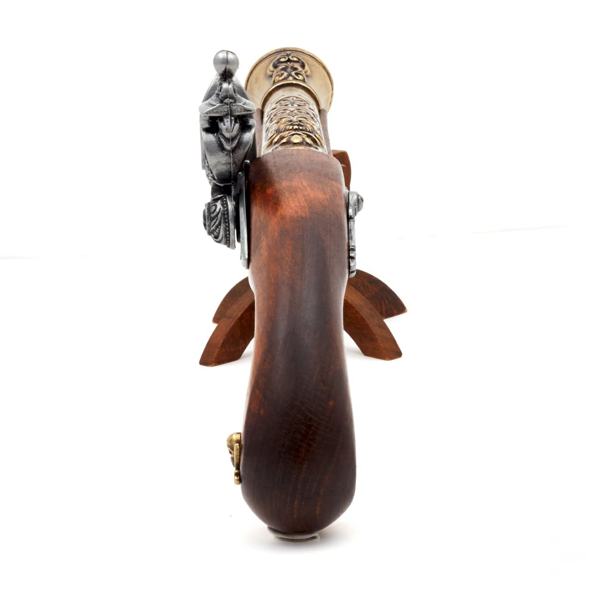 Left-handed pirate flintlock pistol made of wood and brass-finished metal, 18th century