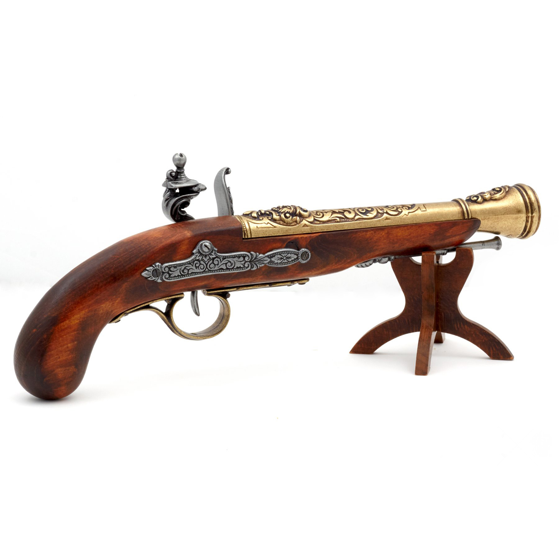 Left-handed pirate flintlock pistol made of wood and brass-finished metal, 18th century