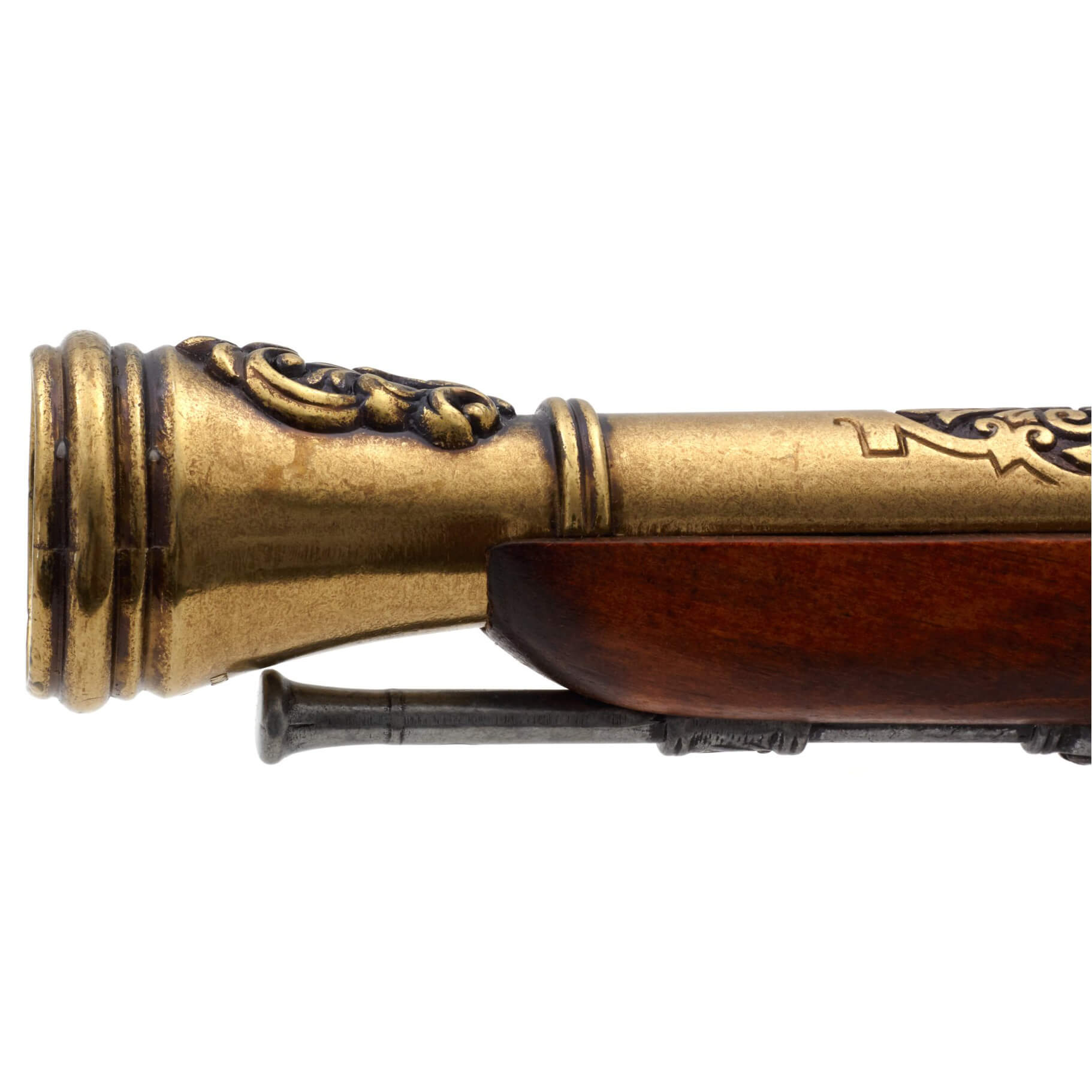 Left-handed pirate flintlock pistol made of wood and brass-finished metal, 18th century